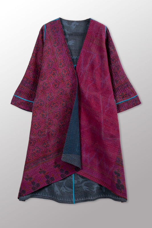 COTTON OVERDYE KANTHA WRAP FLARE COAT - ov4330-cfus002a -