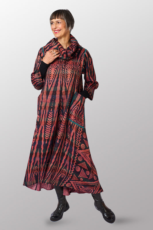 VINTAGE SILK GEORGETTE KANTHA COWL NECK LONG SLEEVE DRESS - sg2450-0006s -