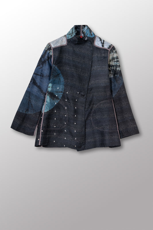 TIE DYE CIRCLE SHIBORI KANTHA SHORT JACKET - td2007-blk -