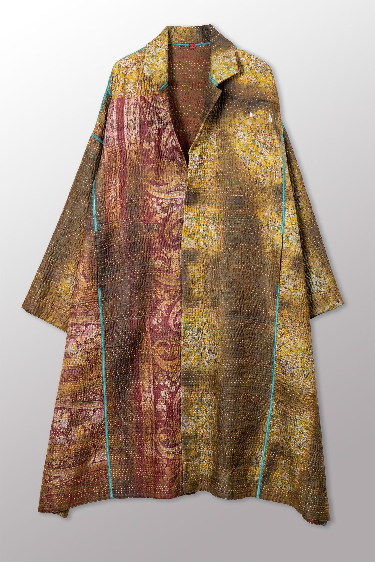 VINTAGE PRINTED SILK CLAMP DYE WITH JACQUARD KANTHA NEW OVERSIZED COAT - sk4342-0001a -