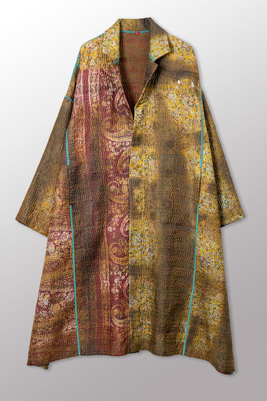 VINTAGE PRINTED SILK CLAMP DYE WITH JACQUARD KANTHA NEW OVERSIZED COAT - sk4342-0001a -