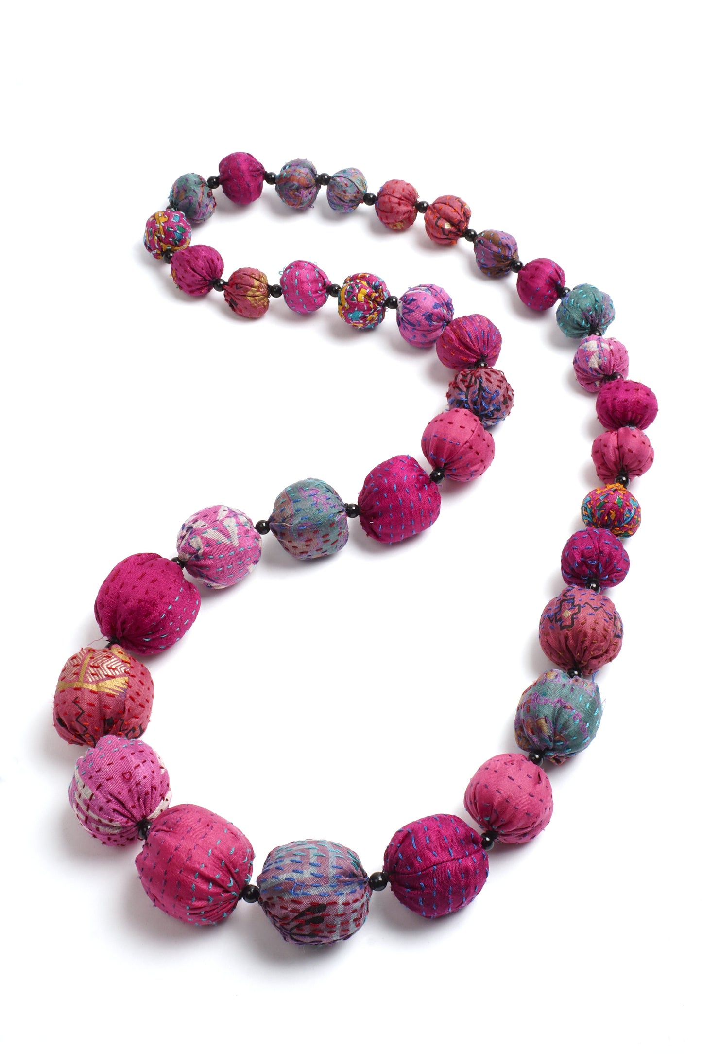 VINTAGE SILK KANTHA NUTS LONG NECKLACE - sv2702-pik -