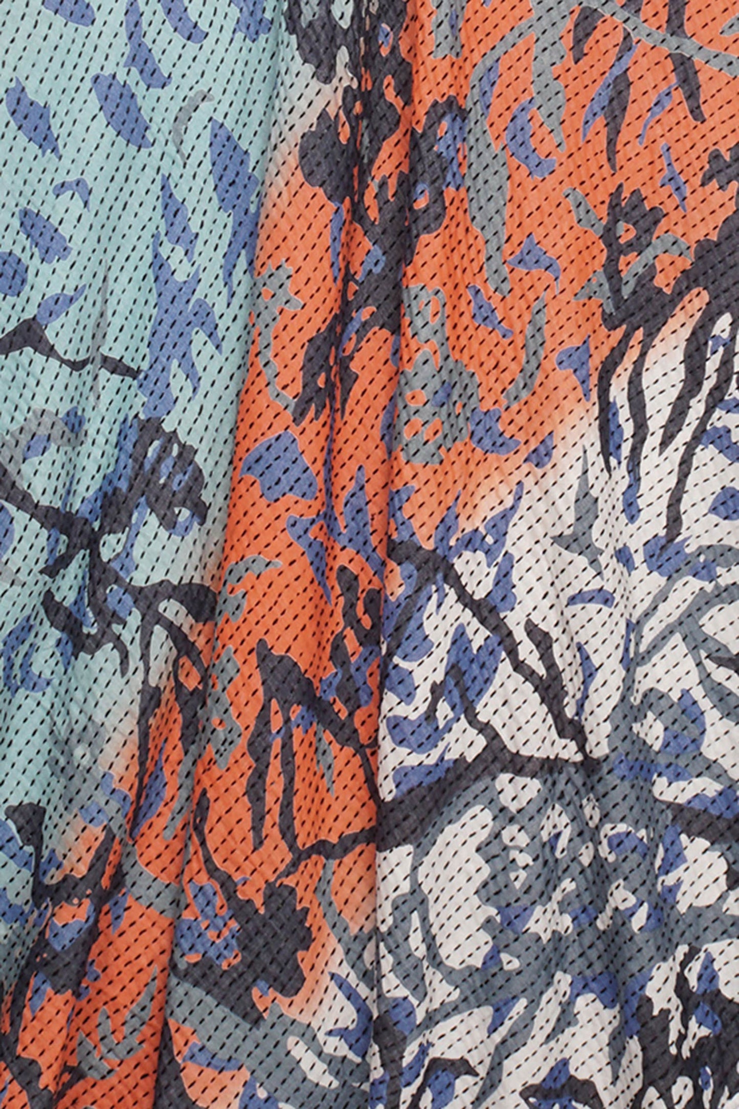 SUMMER BREEZE PRINT KANTHA CAP SLV. FLARE DRESS - sz2425-blu -
