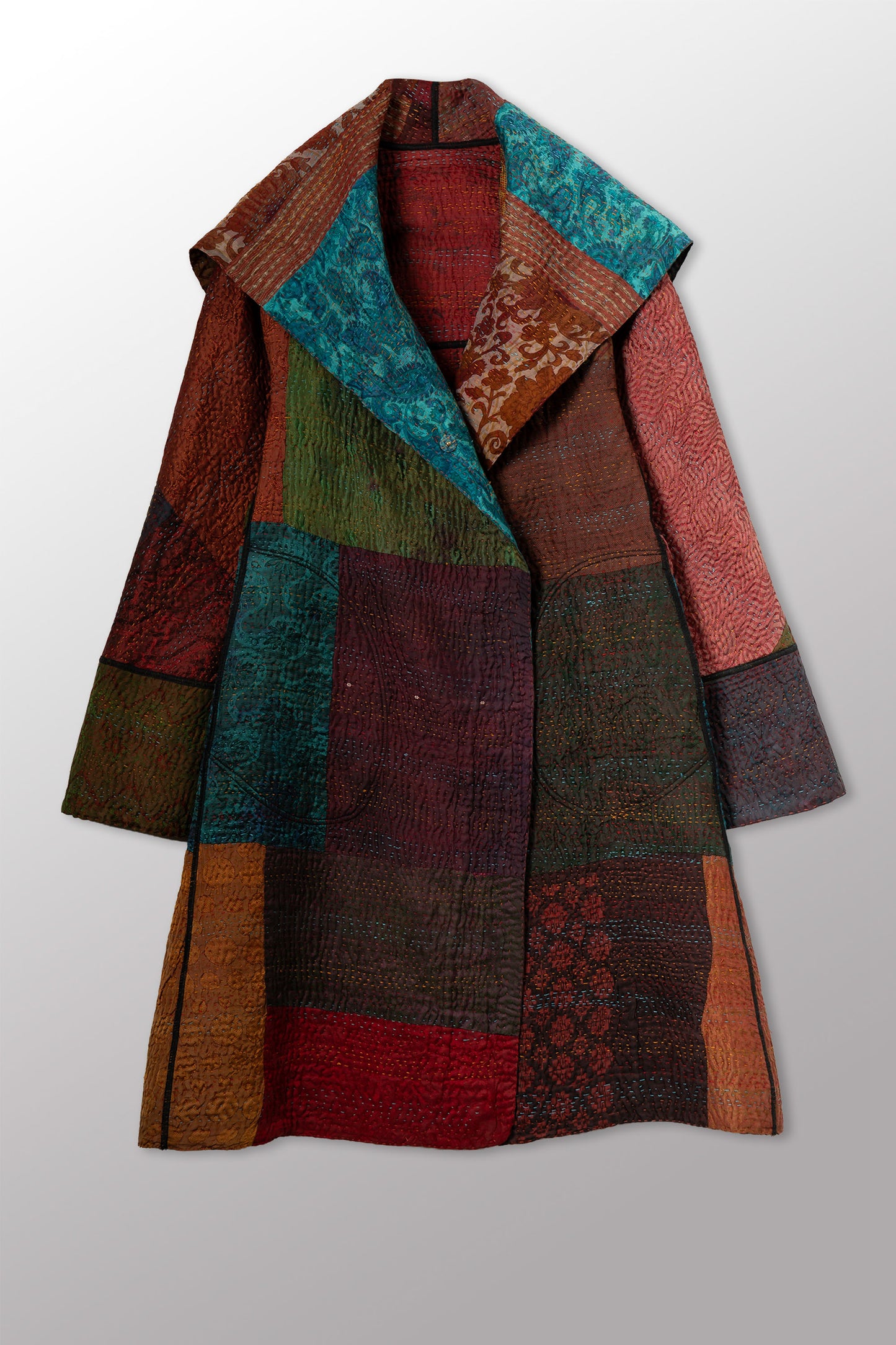 JACQUARD SILK KANTHA A-LINE COAT - js4309-cbrn001a -