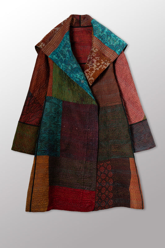 JACQUARD SILK KANTHA A-LINE COAT - js4309-cbrn001a -