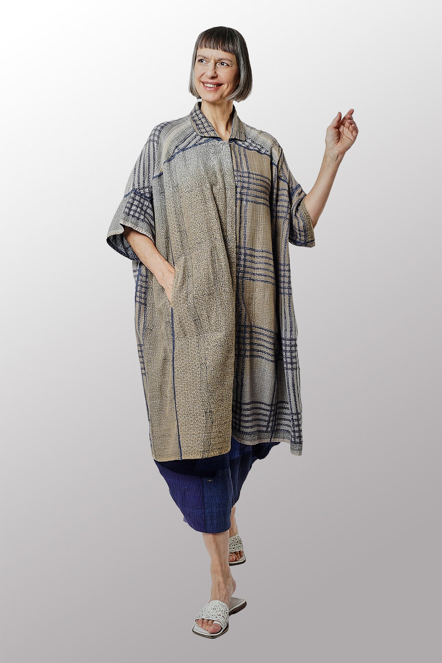 INDONESIAN PRINT VINTAGE INDIGO BACKING KANTHA WIDE SHIRT DRESS - bi2448-blu -