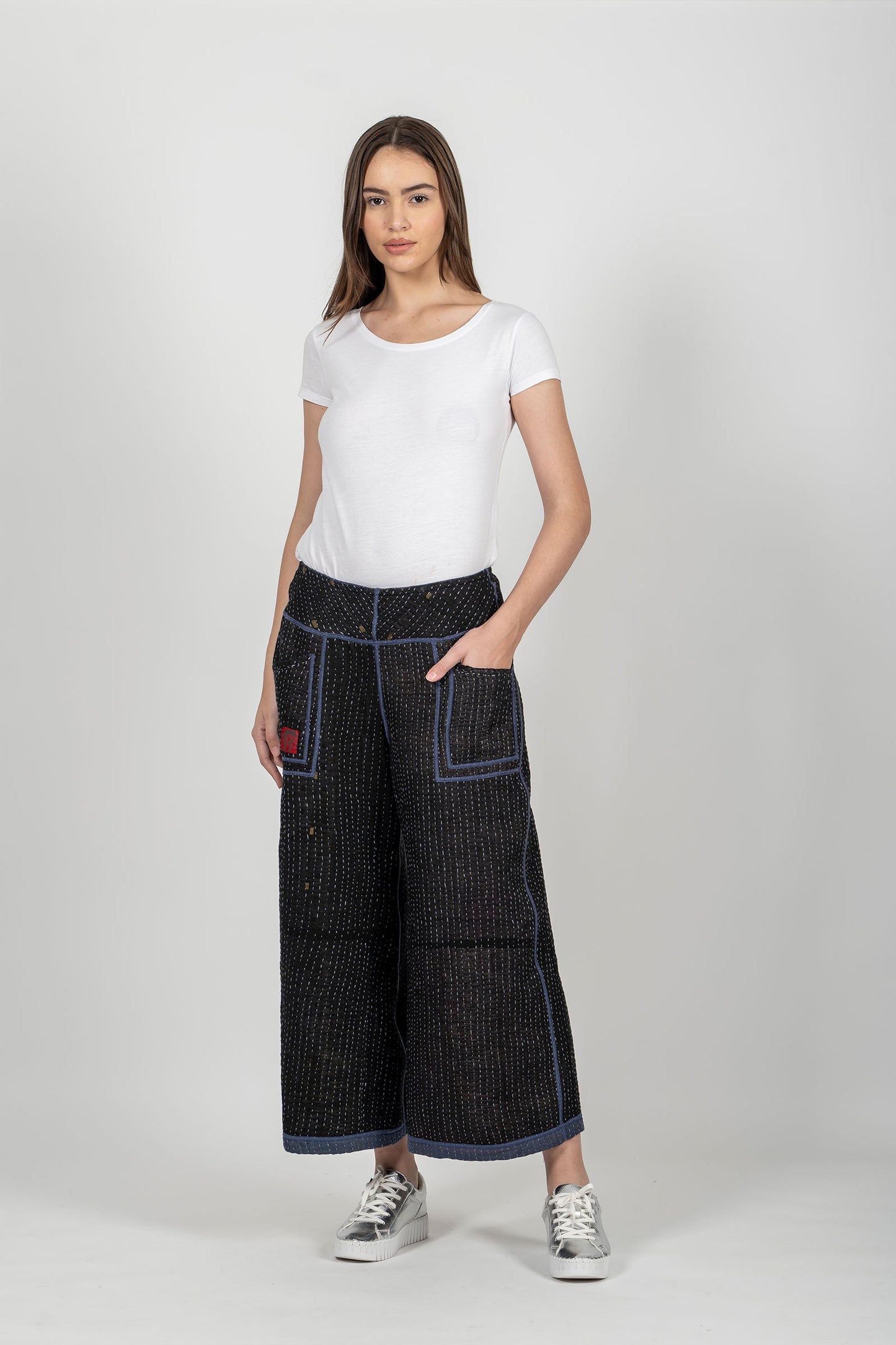 BBK SOLID KANTHA MID RISE WIDE LEG PANTS - bl-bbs4665-nvy -