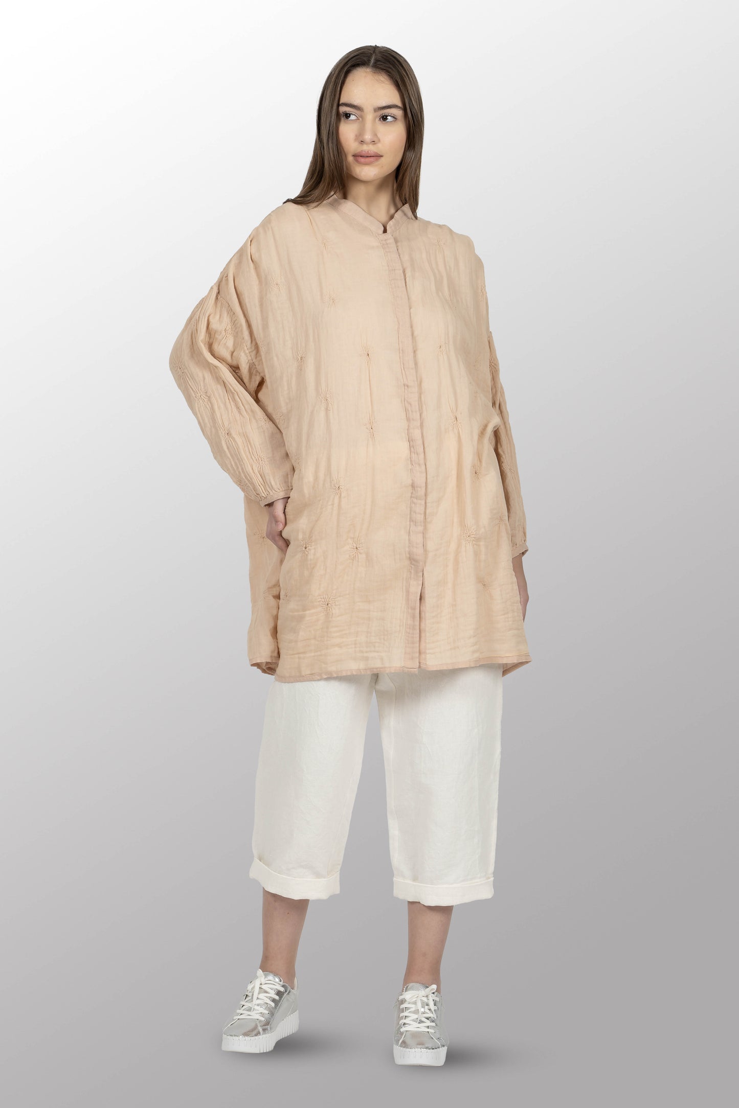 GAUZE SHIBORI GARMENT KANTHA BAND COLLAR OVERSIZED SHIRT - bl-gg2587-pik -