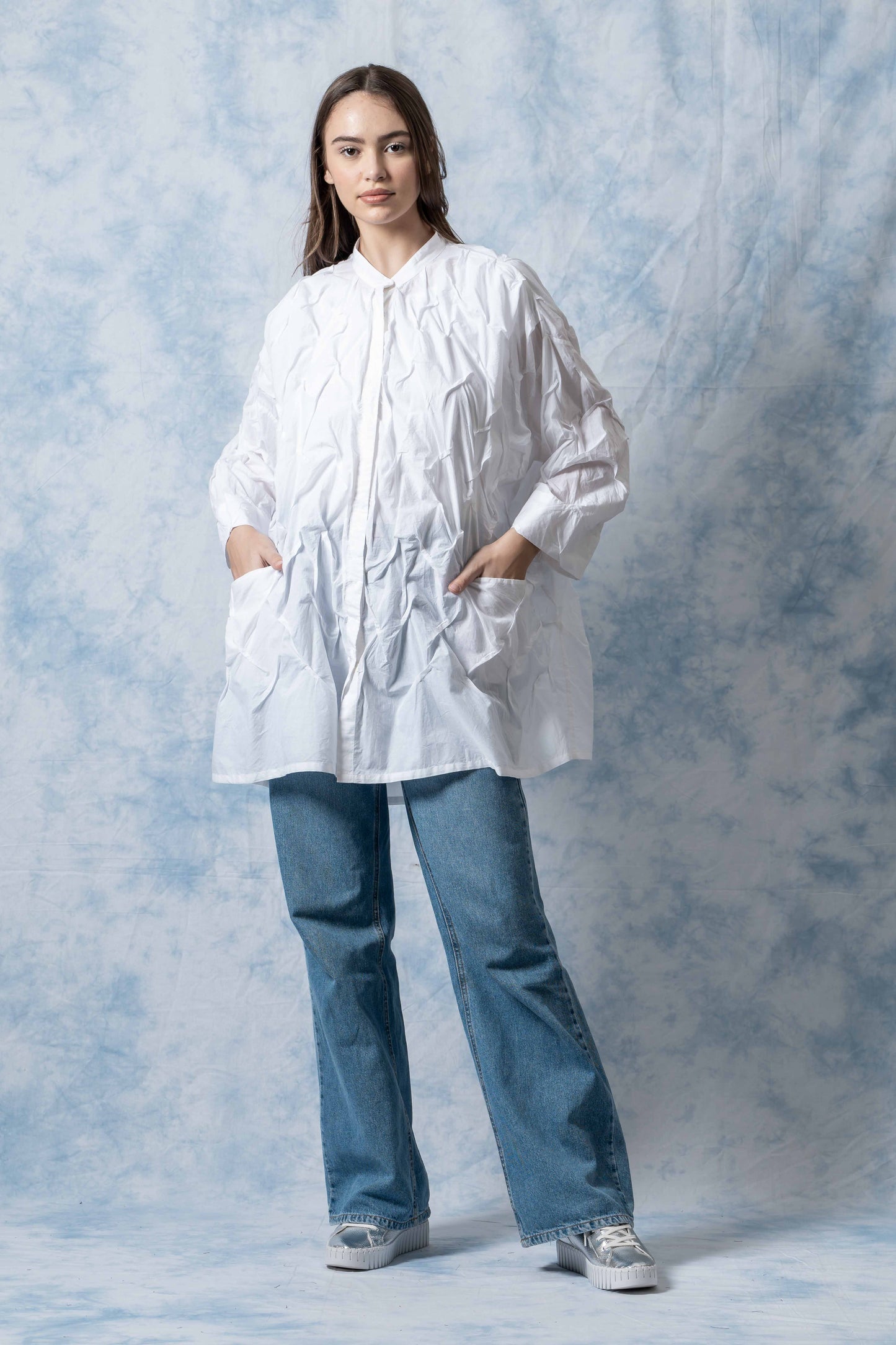 POLISHED COTTON WAVY TUCK OVERSIZED SHIRT - bl-wl1555-ivy -