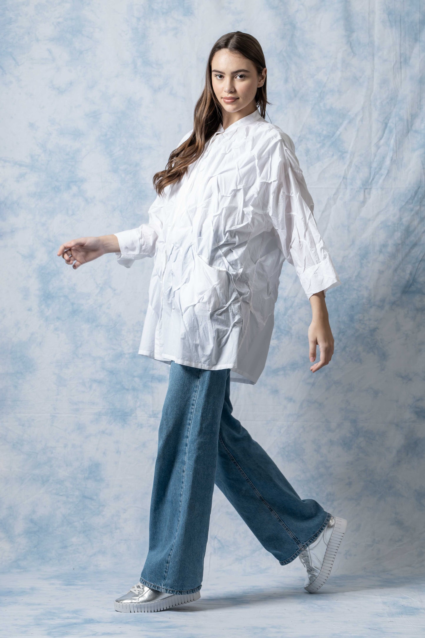 POLISHED COTTON WAVY TUCK OVERSIZED SHIRT - bl-wl1555-ivy -