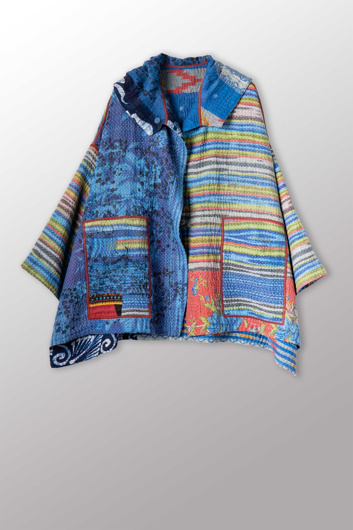 VINTAGE COTTON KANTHA HOODIE PONCHO - cv4064-0035a -