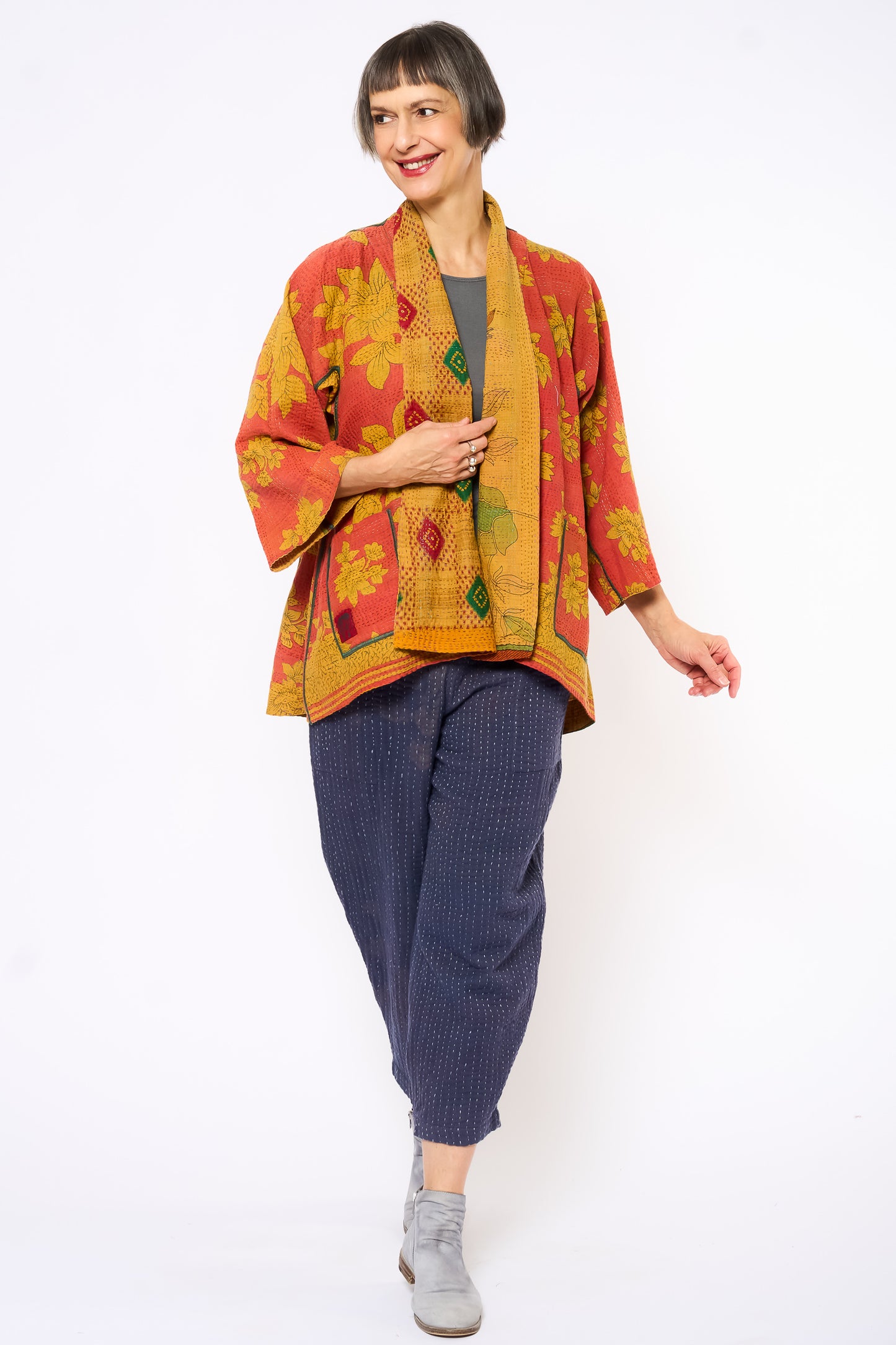 COTTON OVERDYE KANTHA KIMONO JACKET - ov2004-cylw001a -
