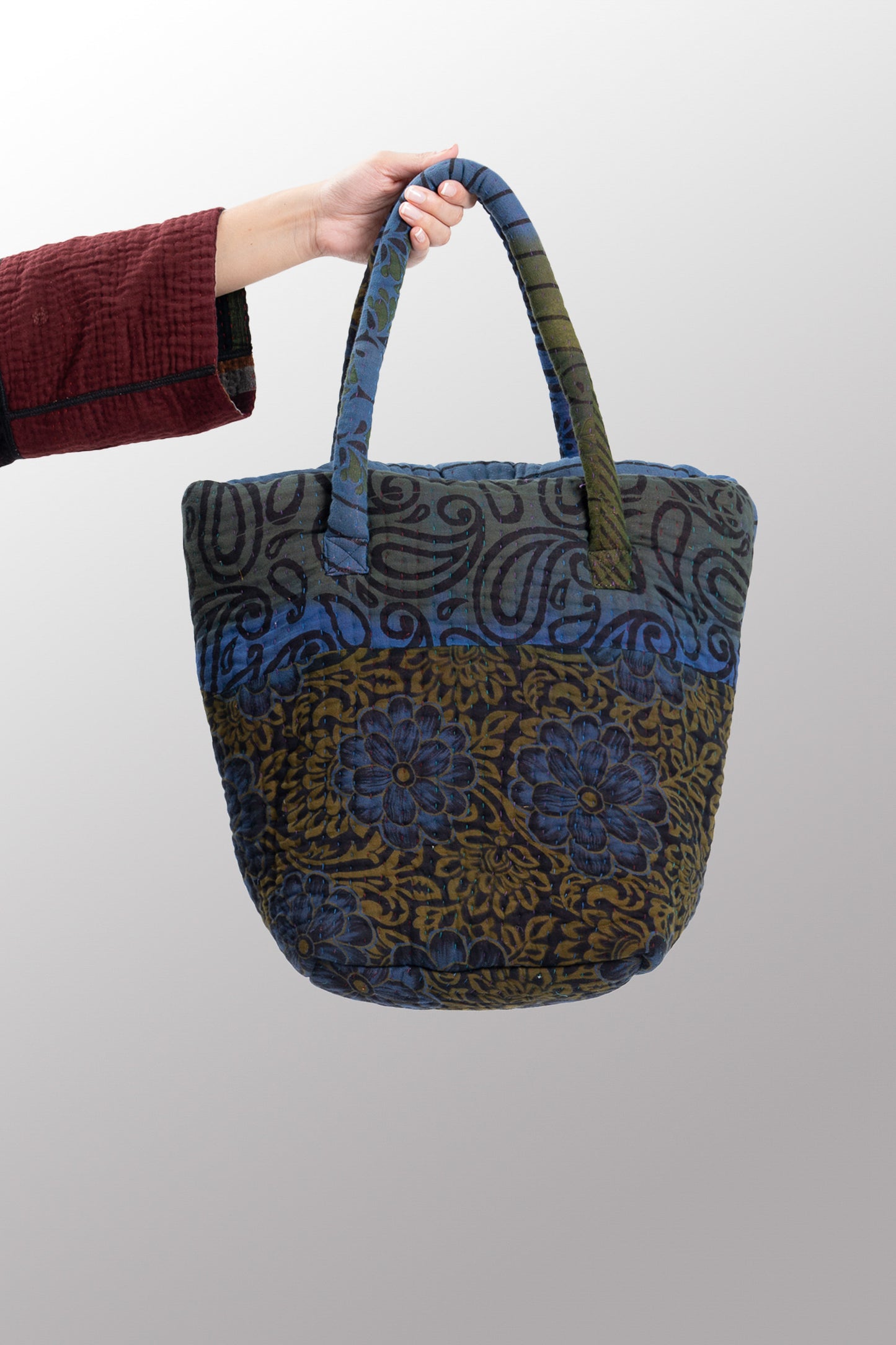 Quilted Overdye Cotton Kantha Bucket Tote #0008