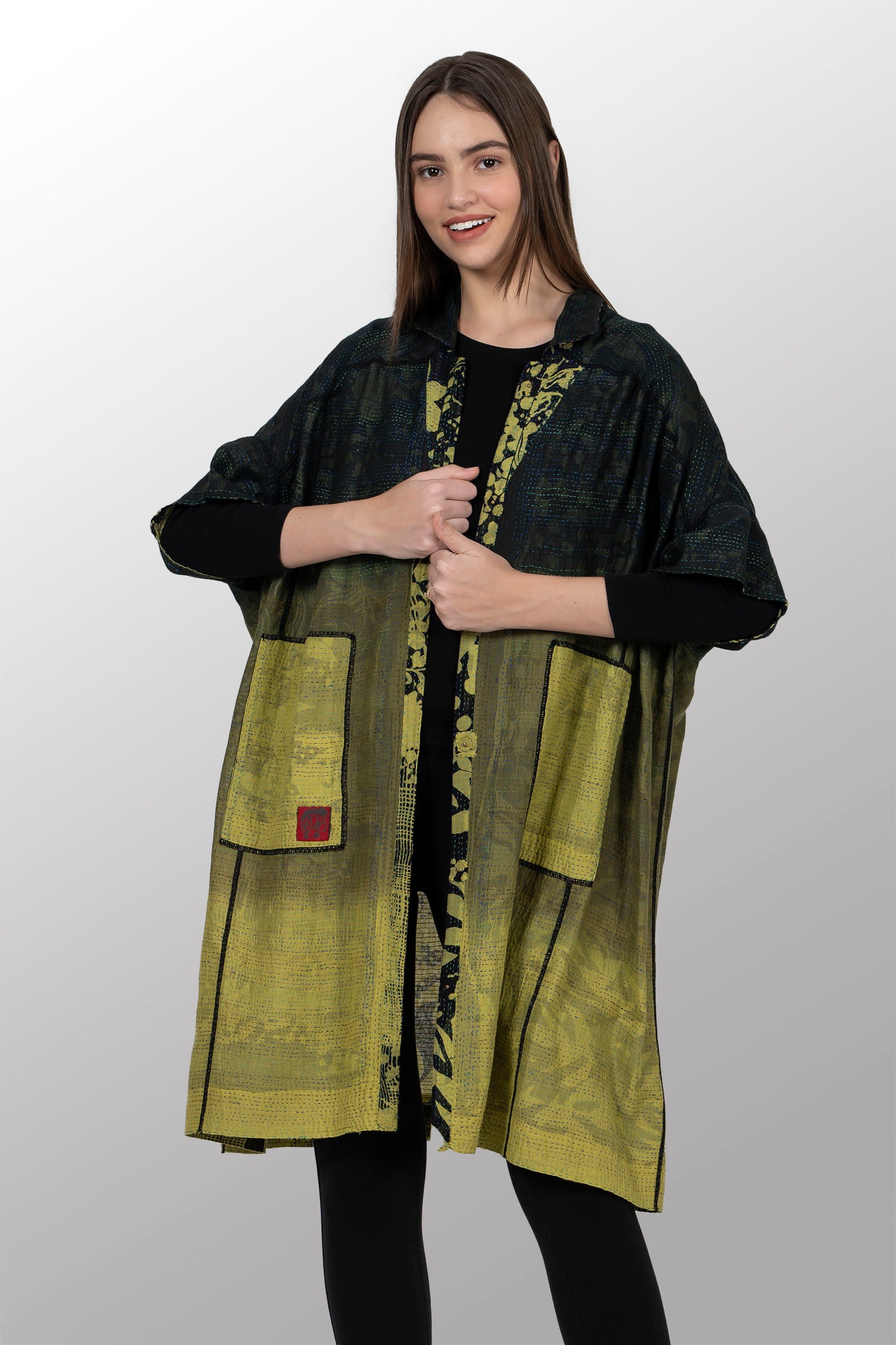 MONOTONE TWILIGHT PRINT KANTHA WIDE SHIRT DRESS - tp2448-cha -