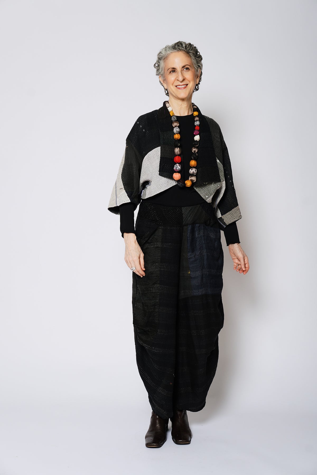 STRIPE AND CHECK COTTON SILK PATCH KANTHA PUFF SLV. SHRUG - ss4062-blk -
