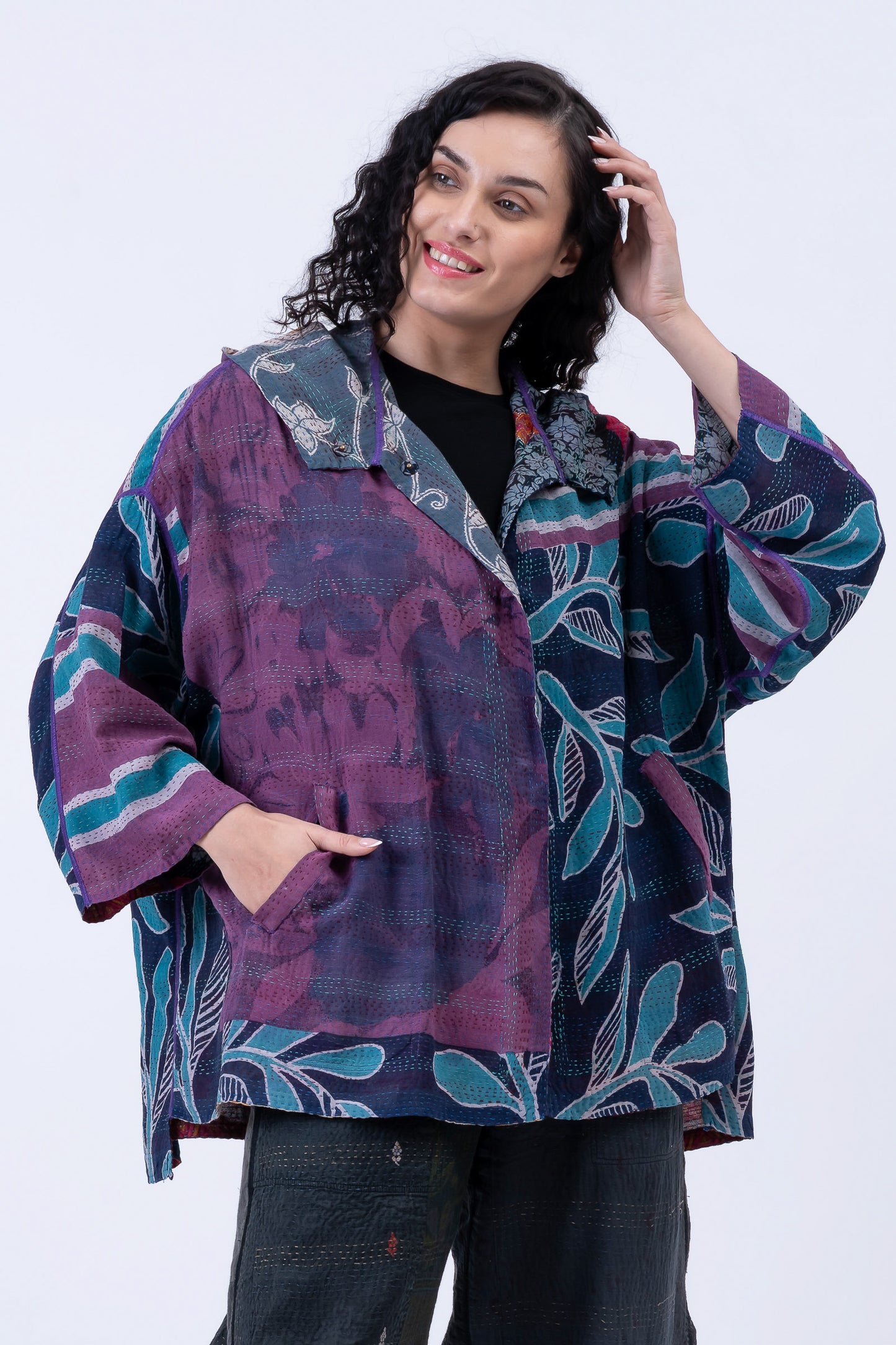 VINTAGE SILK GEORGETTE COTTON KANTHA HOODIE PONCHO - gc2064-0003a -