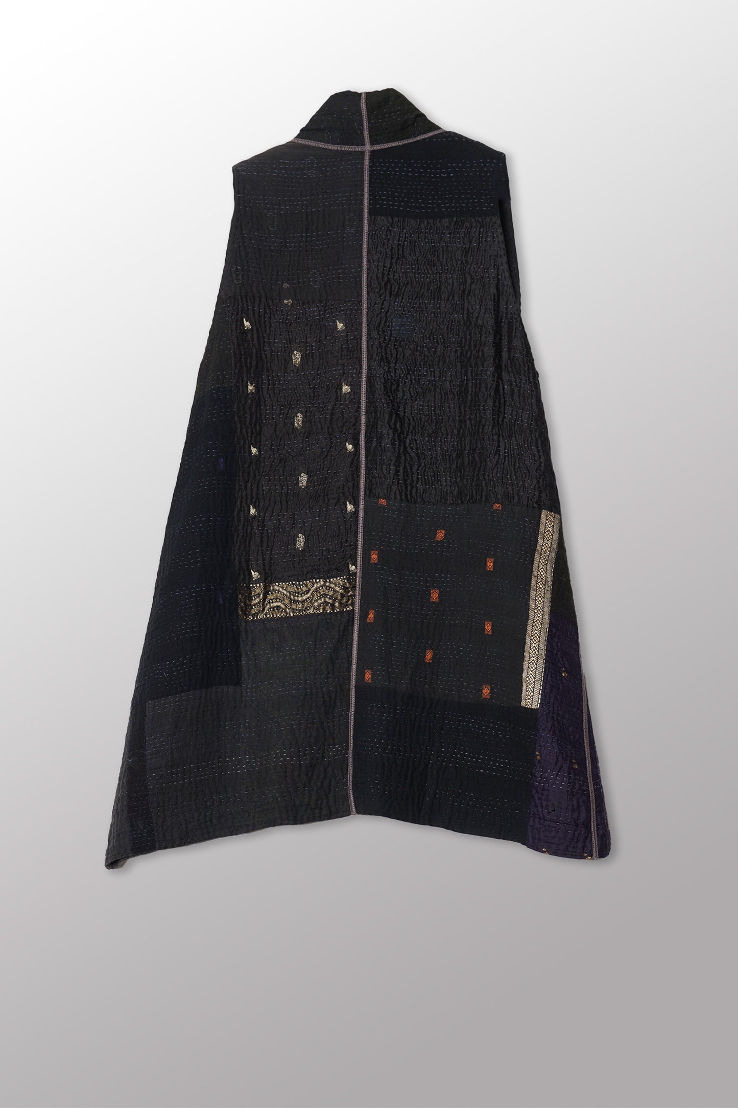 COTTON SILK SW PATCH KANTHA KIMONO VEST - ws4247-blk -