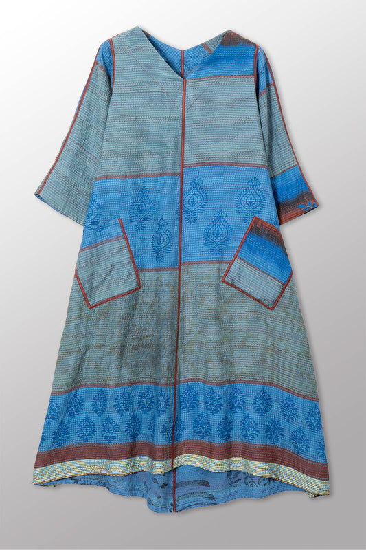 VINTAGE COTTON & NEW VOILE KANTHA V-NECK FLARE DRESS - cn2457-0001s -