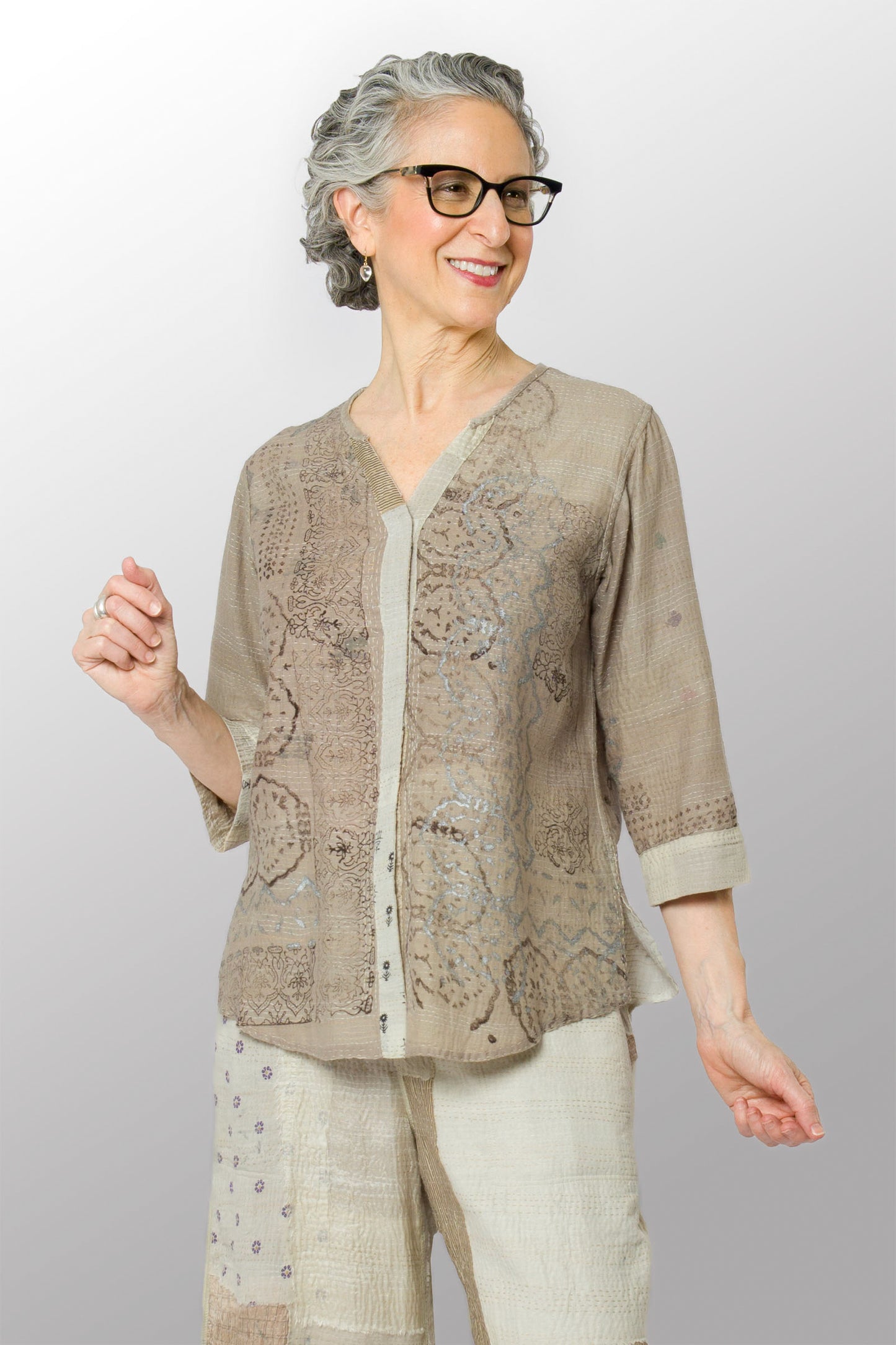 MOSAIC FRAY PATCH KANTHA KURTA TOP - zb2586-ivy -
