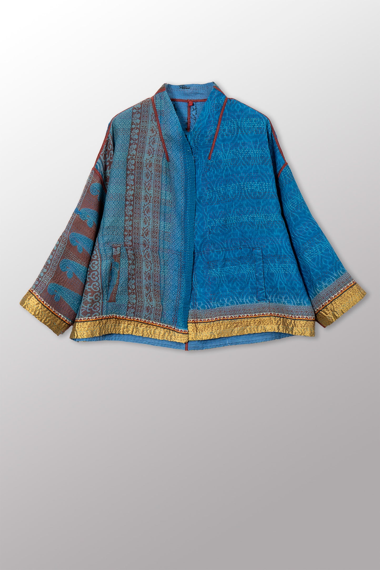 VINTAGE COTTON & NEW VOILE KANTHA STAND COLLAR CROPPED JACKET - cn2034-0002a -