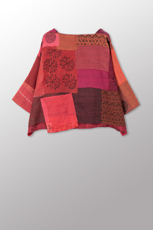 LANDSCAPE FRAYED PATCH KANTHA WITH STAMP 3/4 SLV. CROP TOP MIO - sp-lf2538-red -