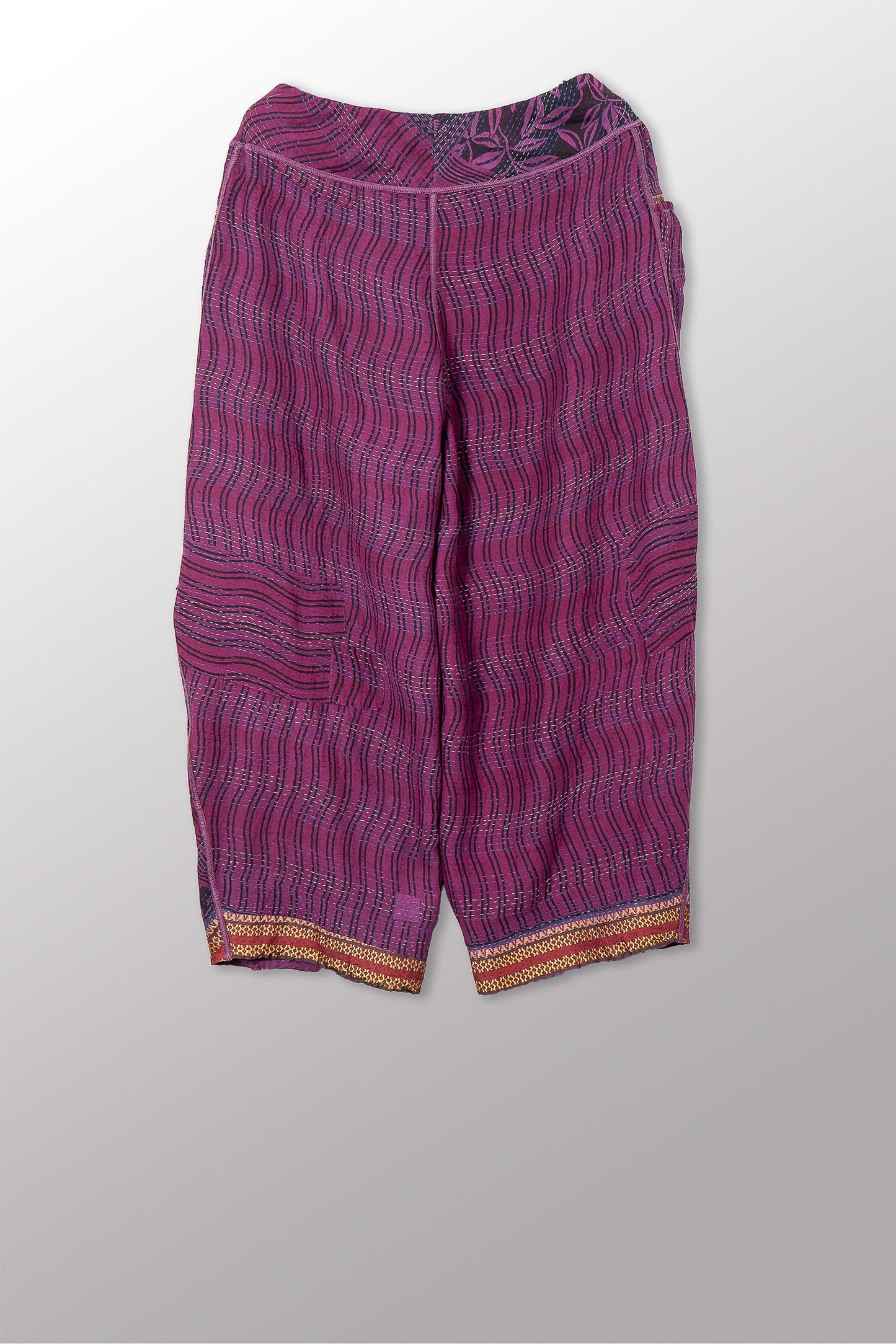 VINTAGE COTTON & NEW VOILE KANTHA KNEE TUCKED PANTS - cn2625-0001m -