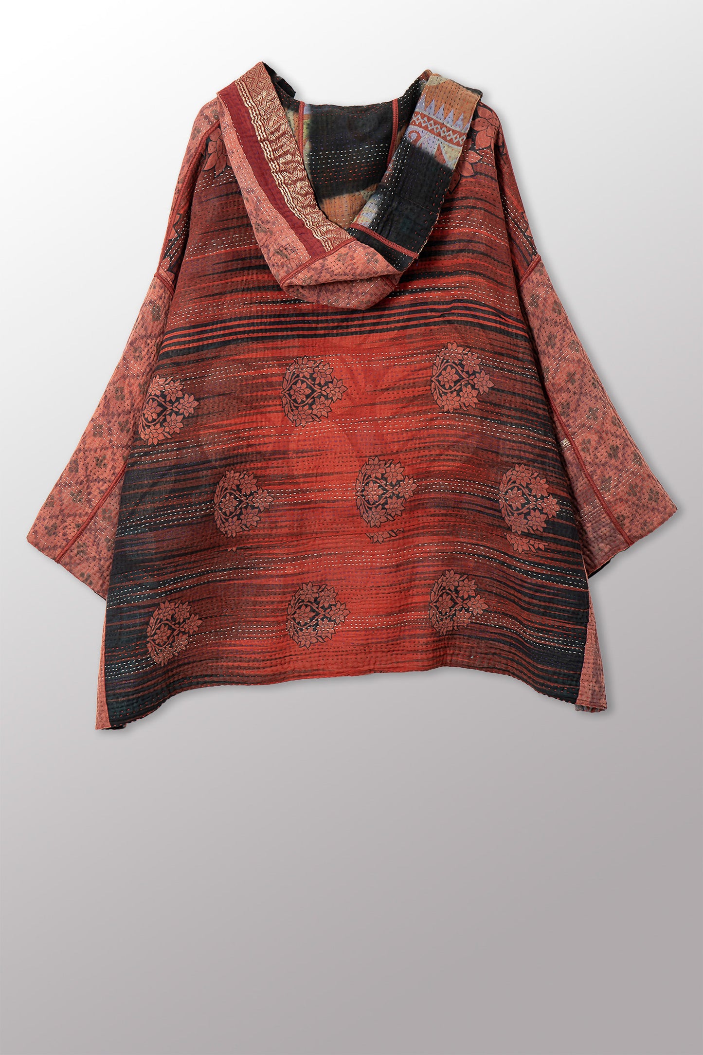 VINTAGE COTTON GREY CLAMP TIE DYE KANTHA HOODIE PONCHO - su4064-0001a -