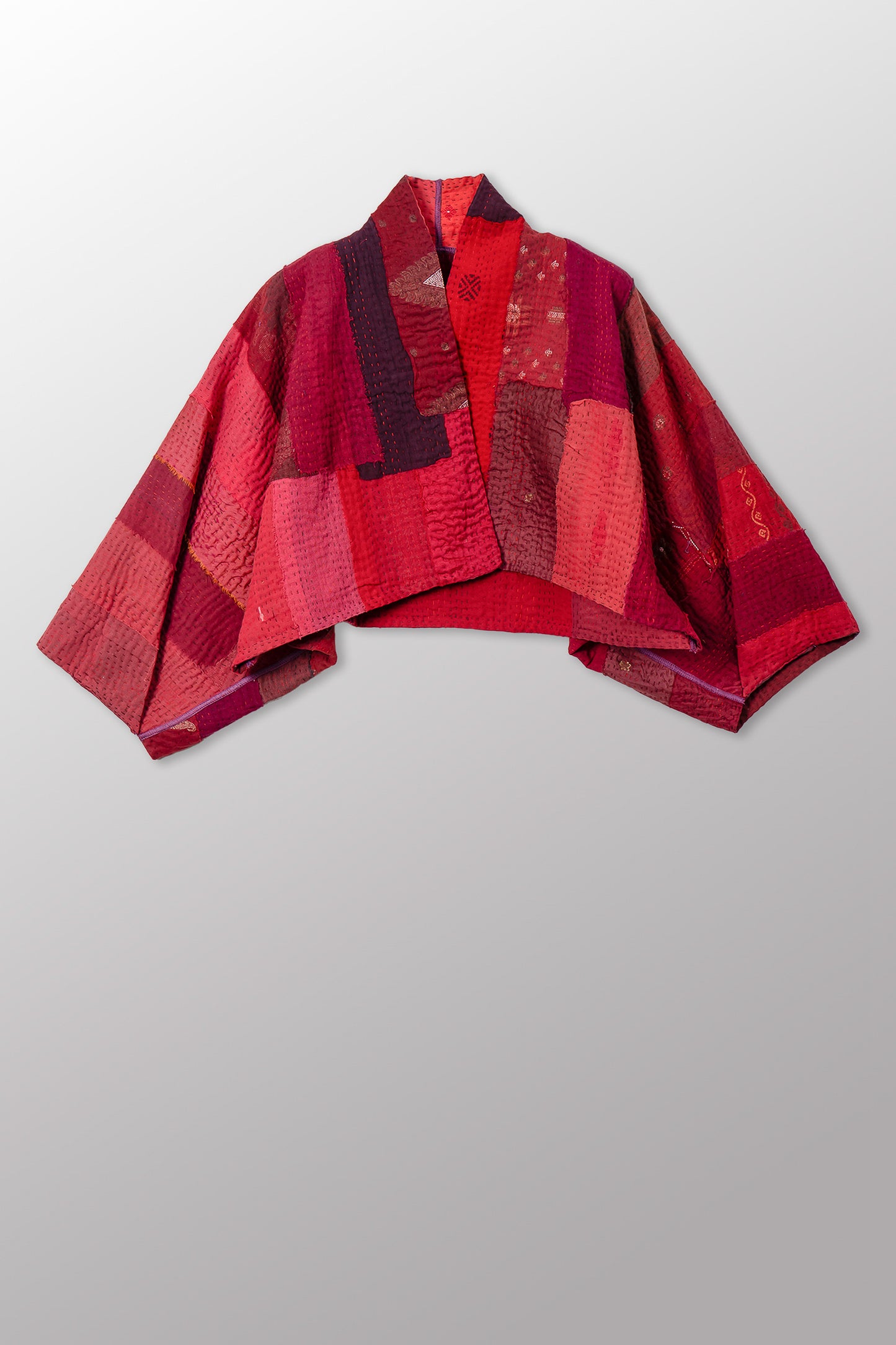 STRIPE AND CHECK COTTON SILK PATCH KANTHA PUFF SLV. SHRUG - ss4062-red -