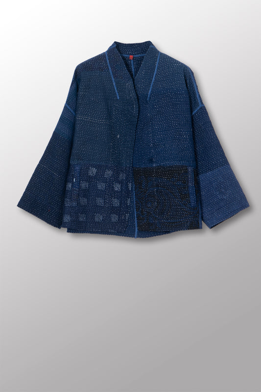 MUJI PATCH KANTHA STAND COLLAR CROPPED JACKET - mp4034-nvy -