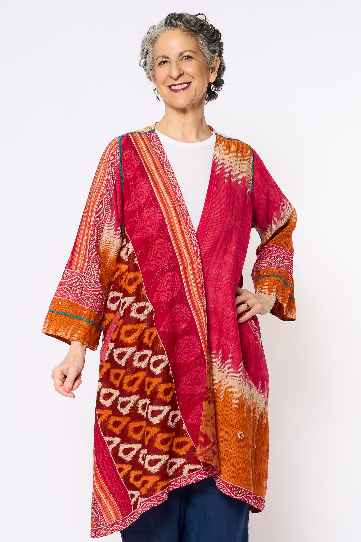 COTTON OVERDYE KANTHA WRAP FLARE COAT - ov2330-corg002a -