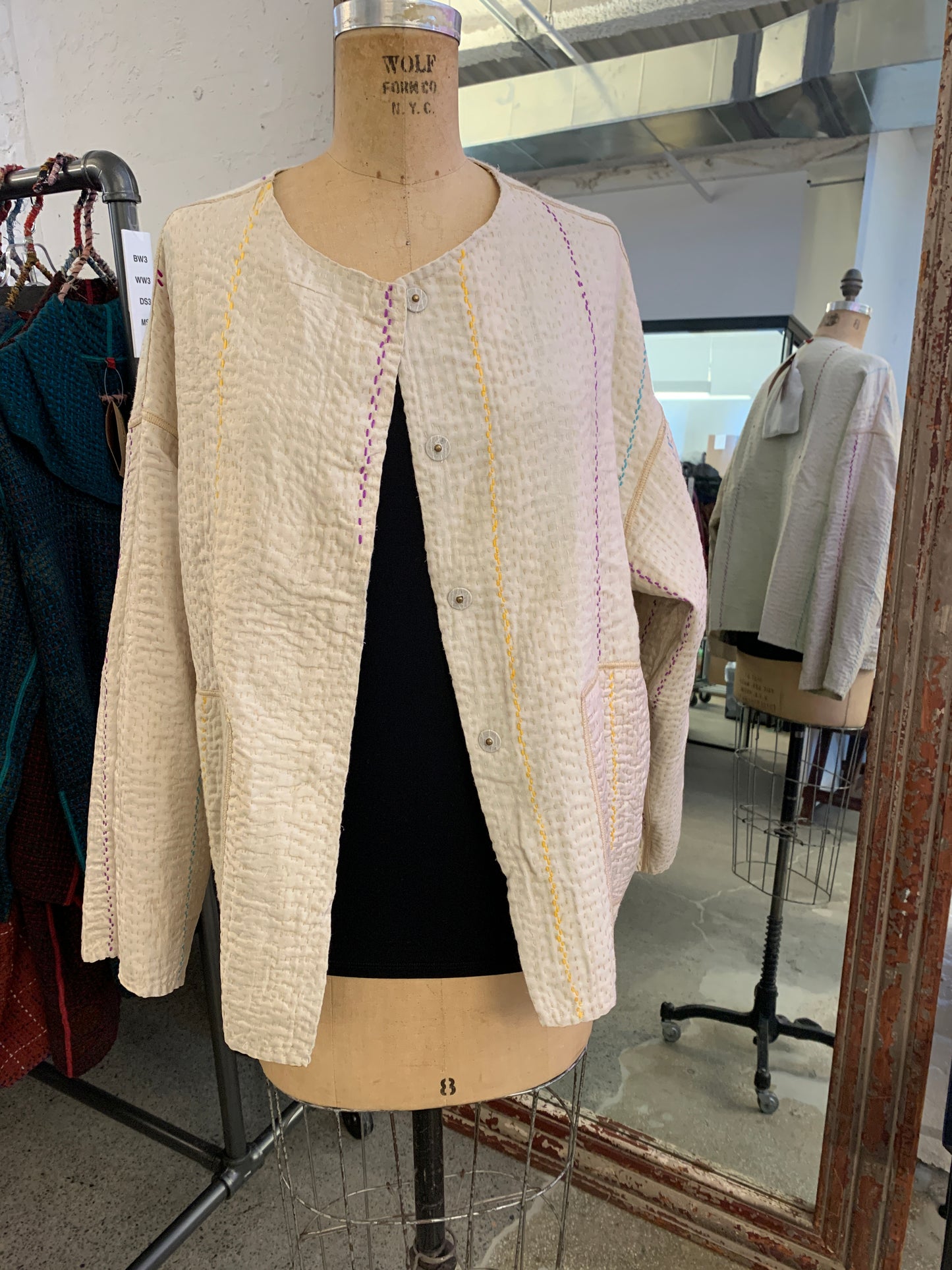 JEWEL WOVEN WITH VERTICAL PATCH KANTHA CREW NECK SHORT JACKET - jv4053-ivy -