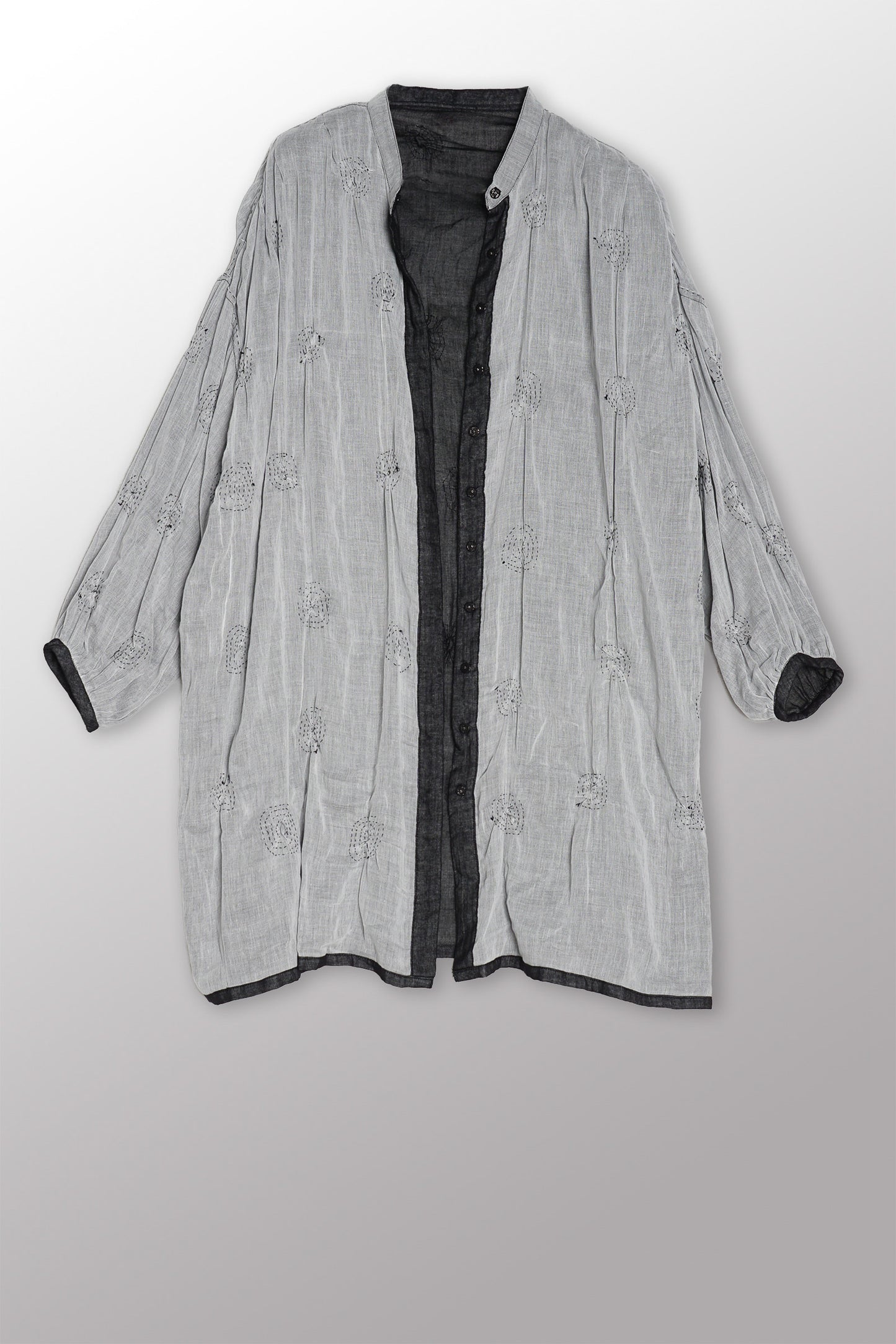 GAUZE SHIBORI GARMENT KANTHA BAND COLLAR OVERSIZED SHIRT - bl-gg2587-blk -