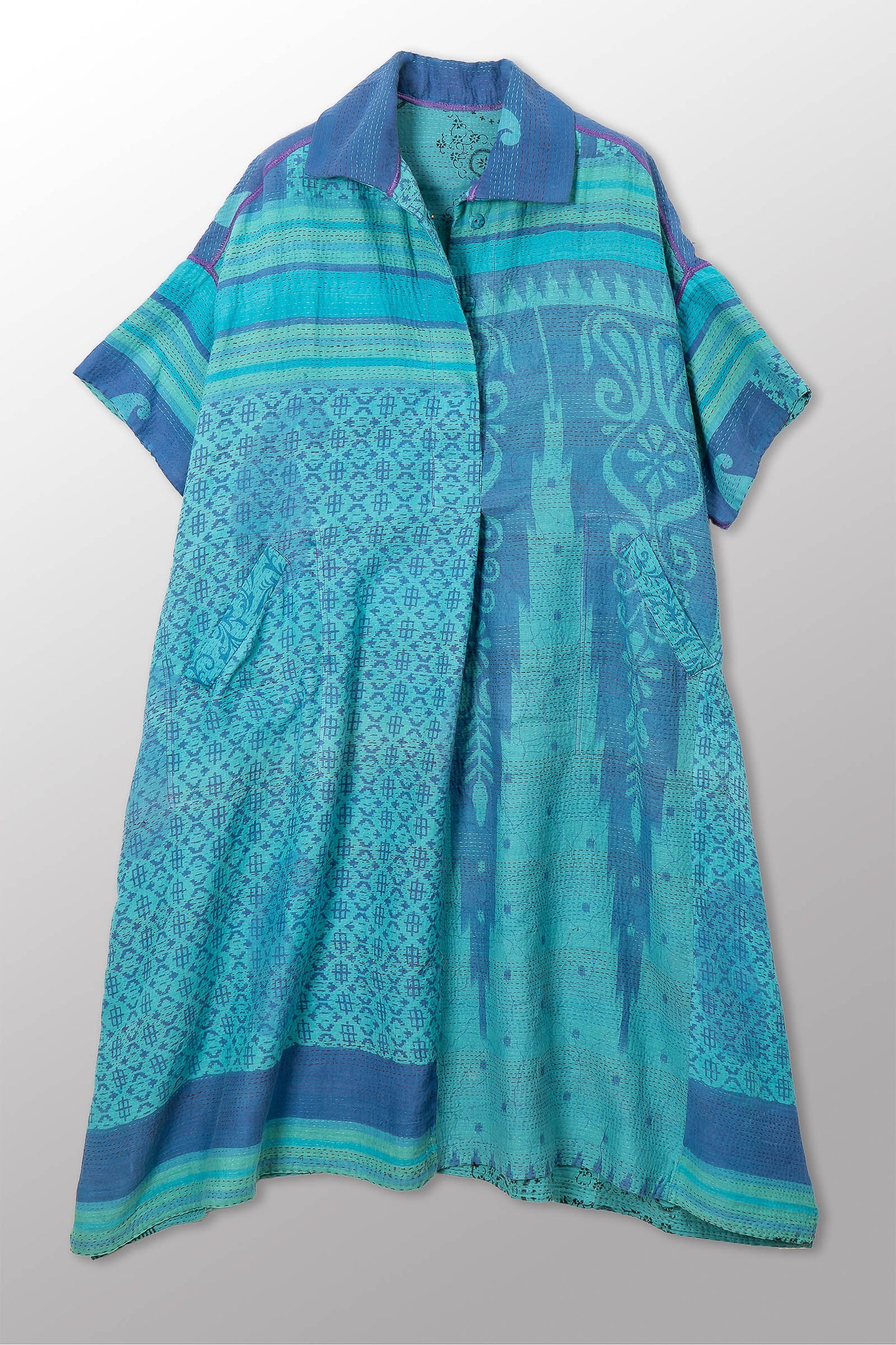 VINTAGE COTTON & NEW VOILE KANTHA WING COLLAR DRESS - cn2454-0004a -