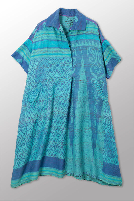 VINTAGE COTTON & NEW VOILE KANTHA WING COLLAR DRESS - cn2454-0004a -