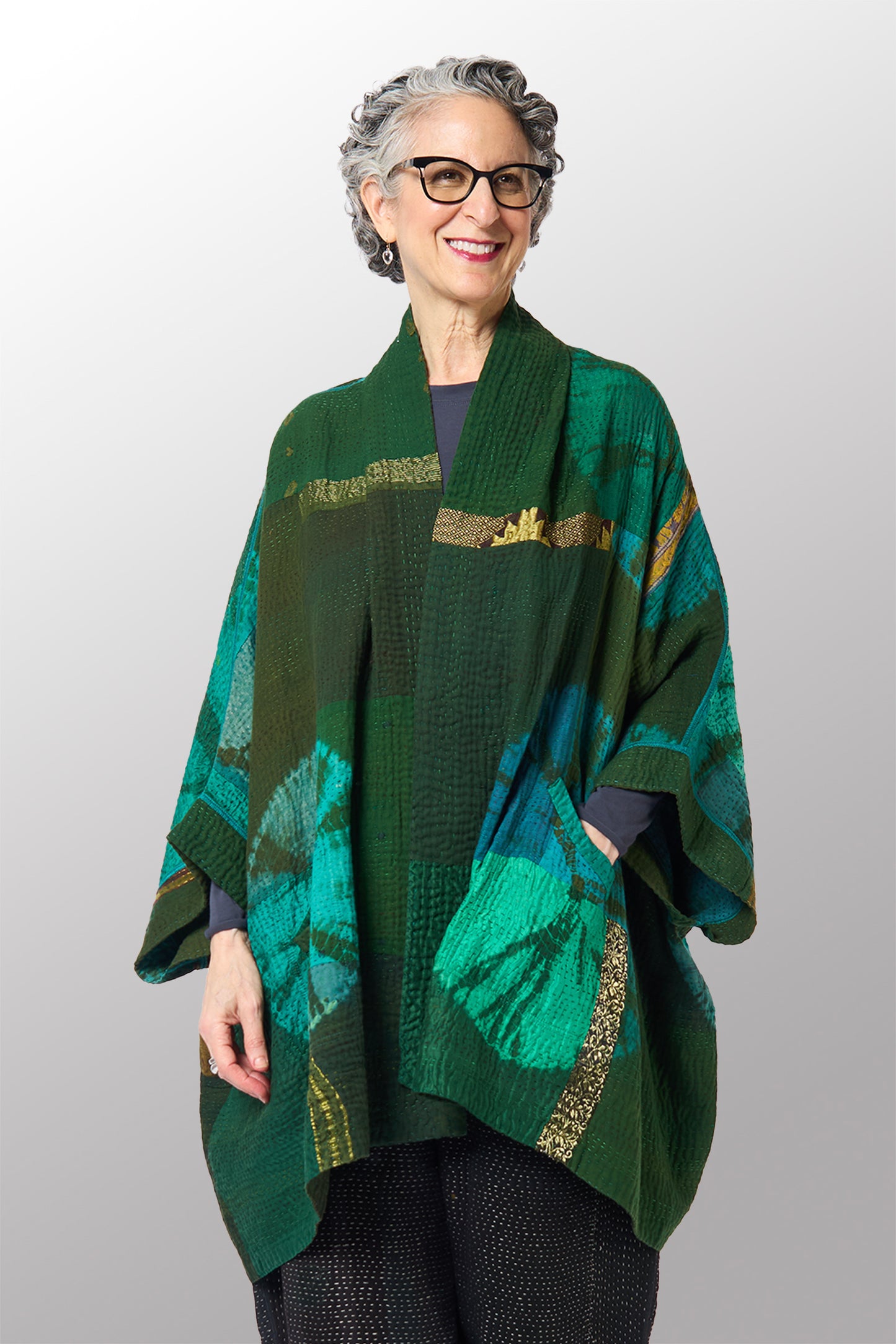 SHIBORI TIE DYE COTTON SILK SW PATCH KANTHA DOUBLE COLLAR PONCHO - st-ws4323-grn -