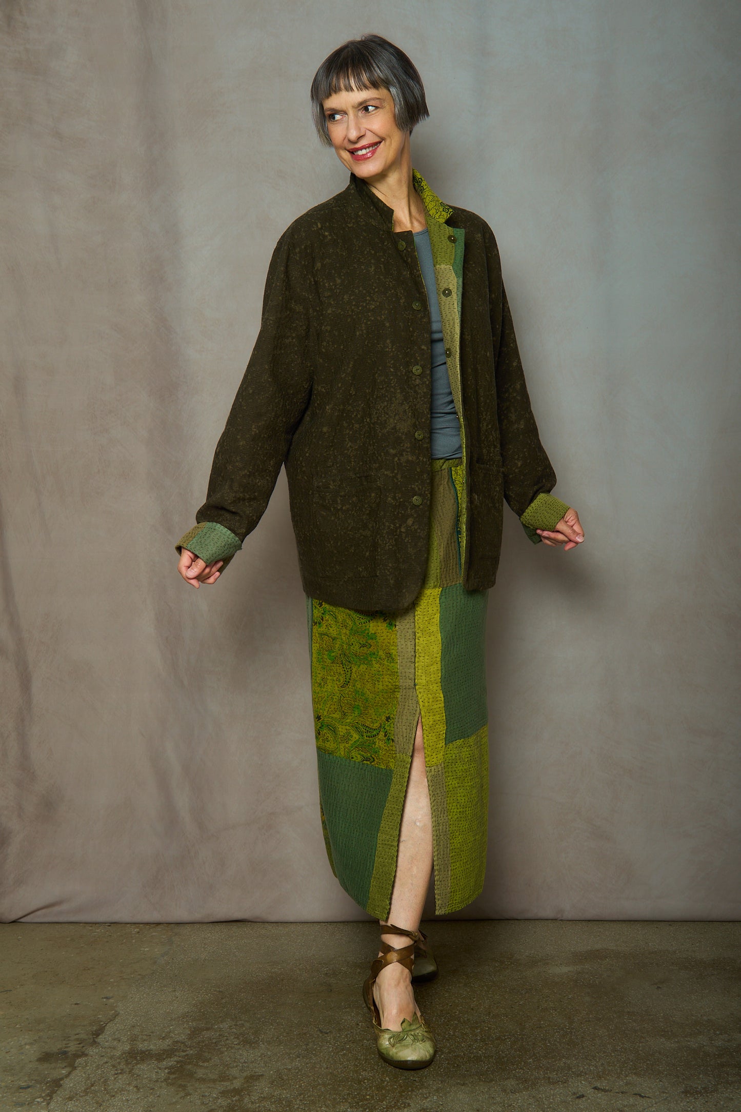 DUCK SUN DYE WITH PATCH KANTHA SIMPLE MEN'S JACKET - us2072-grn -