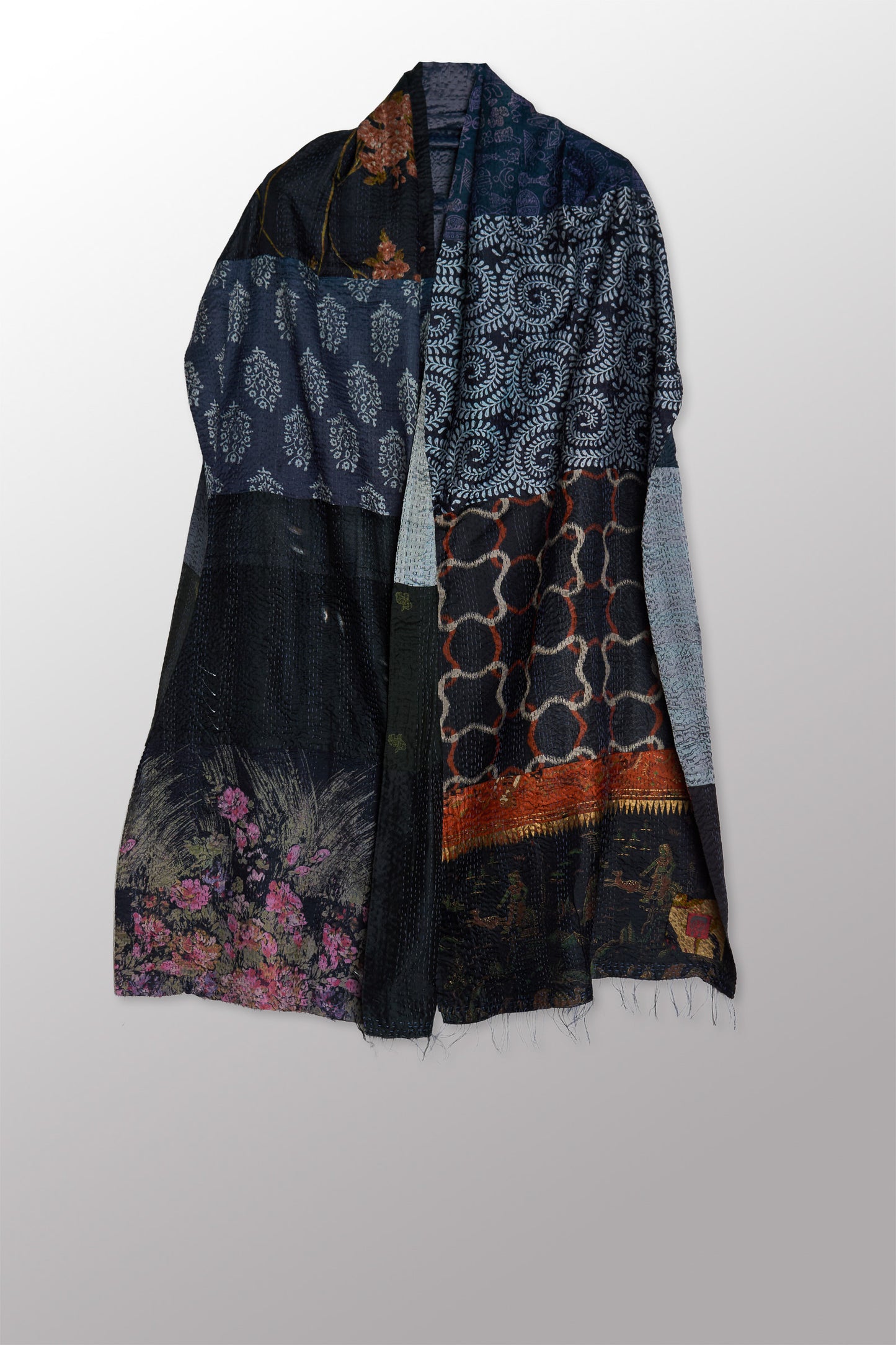 VINTAGE SILK PATCH KANTHA SCARF STANDARD - vp2801-blk -