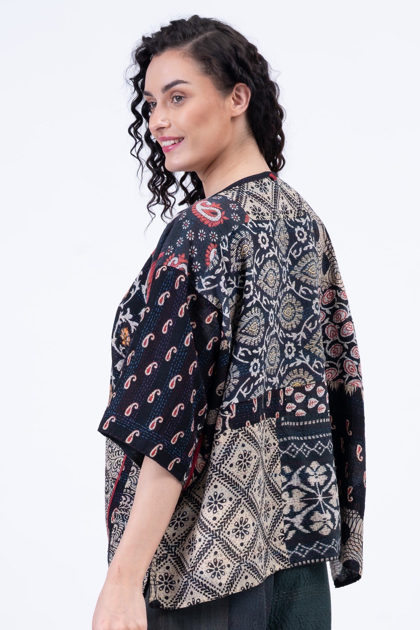 PATCH & CIRCLE PRINT KANTHA BOAT NECK DOLMAN TOP - pc2t100-blk -