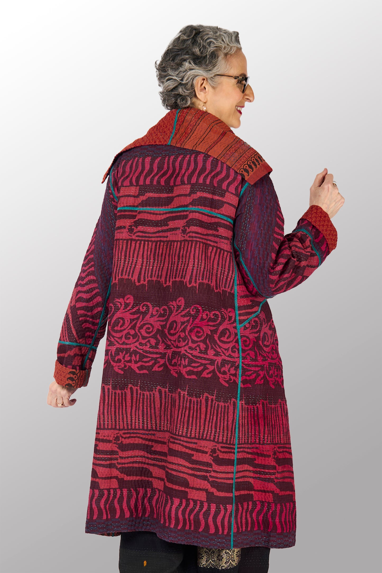 COTTON OVERDYE KANTHA A-LINE COAT - ov4309-cred002a -