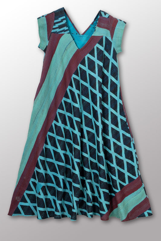 VINTAGE COTTON & NEW VOILE KANTHA CAP SLV. FLARE DRESS - cn2425-0008s -