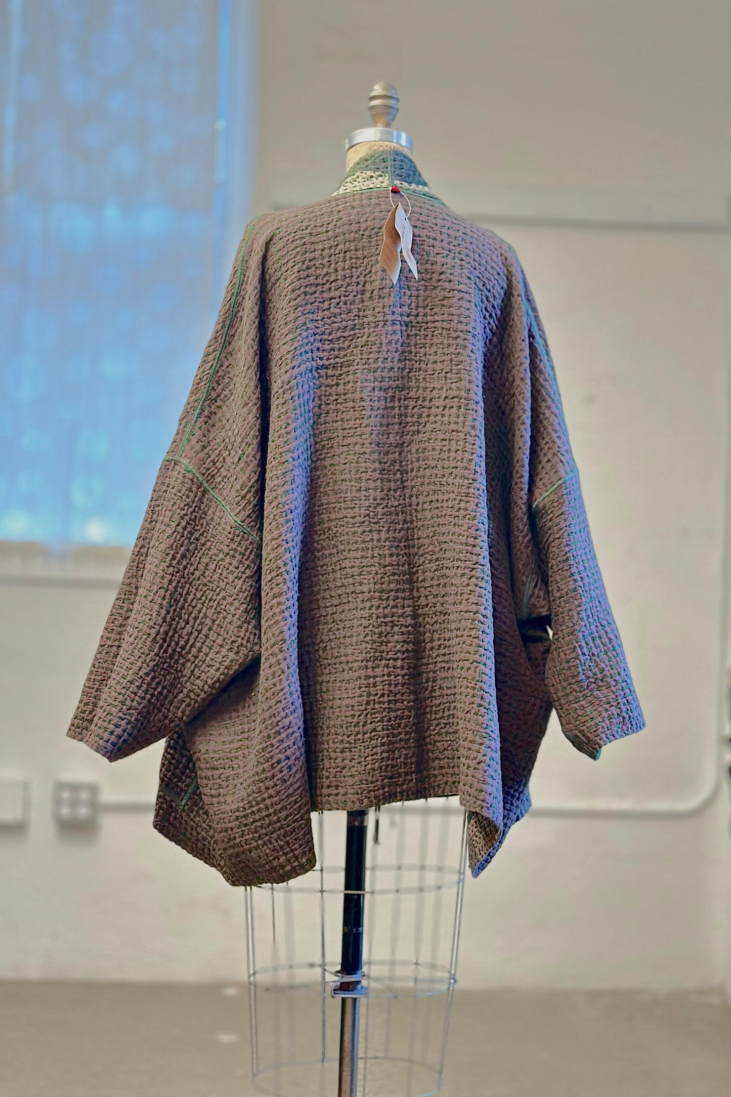 ABSTRACT WAFFLE KANTHA KIMONO WRAP SHORT - bw3358-grn -