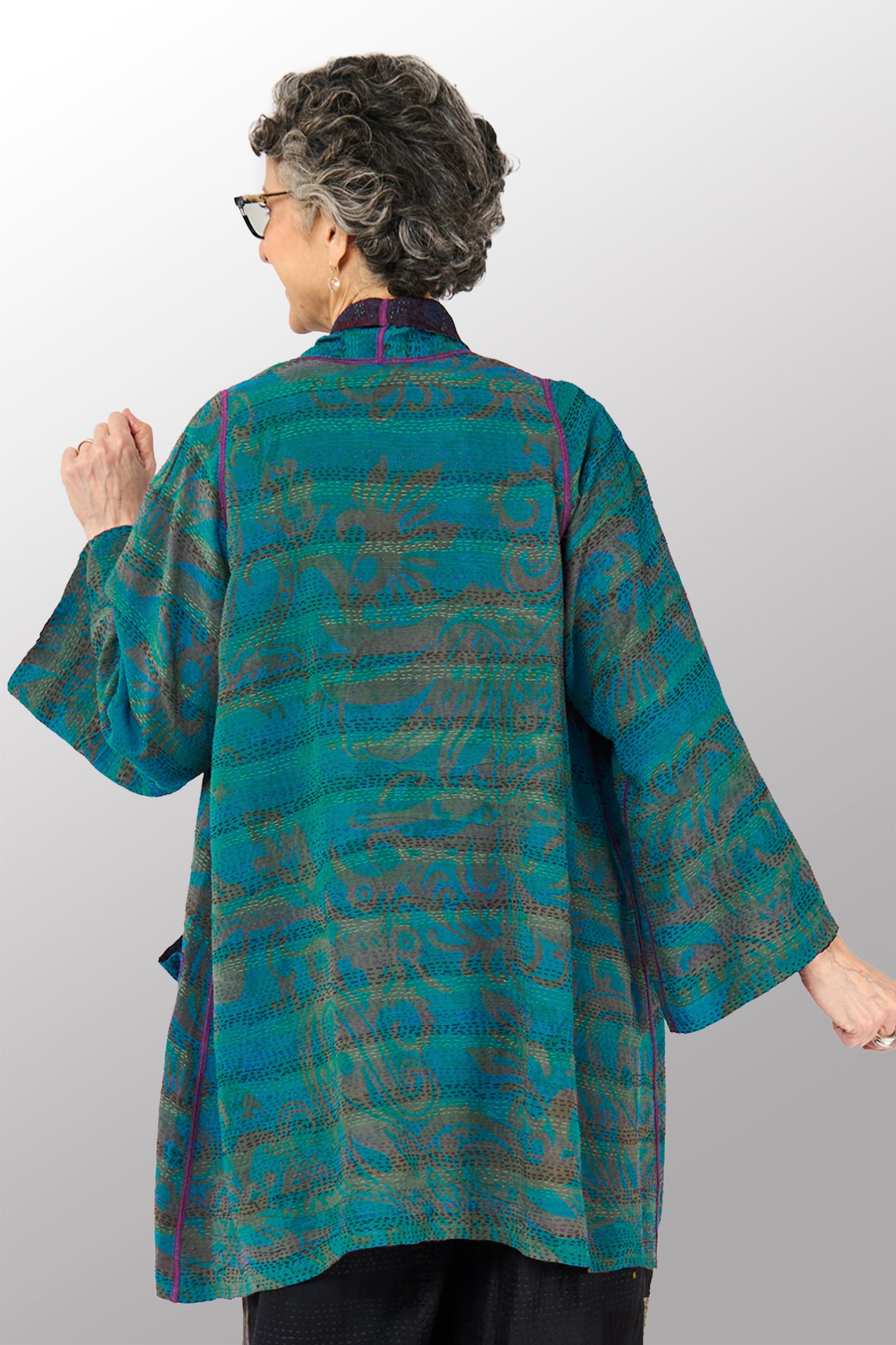 GEORGETTE JACQUARD VINTAGE SILK PATCH KANTHA A-LINE JACKET - gj2003-0001a -