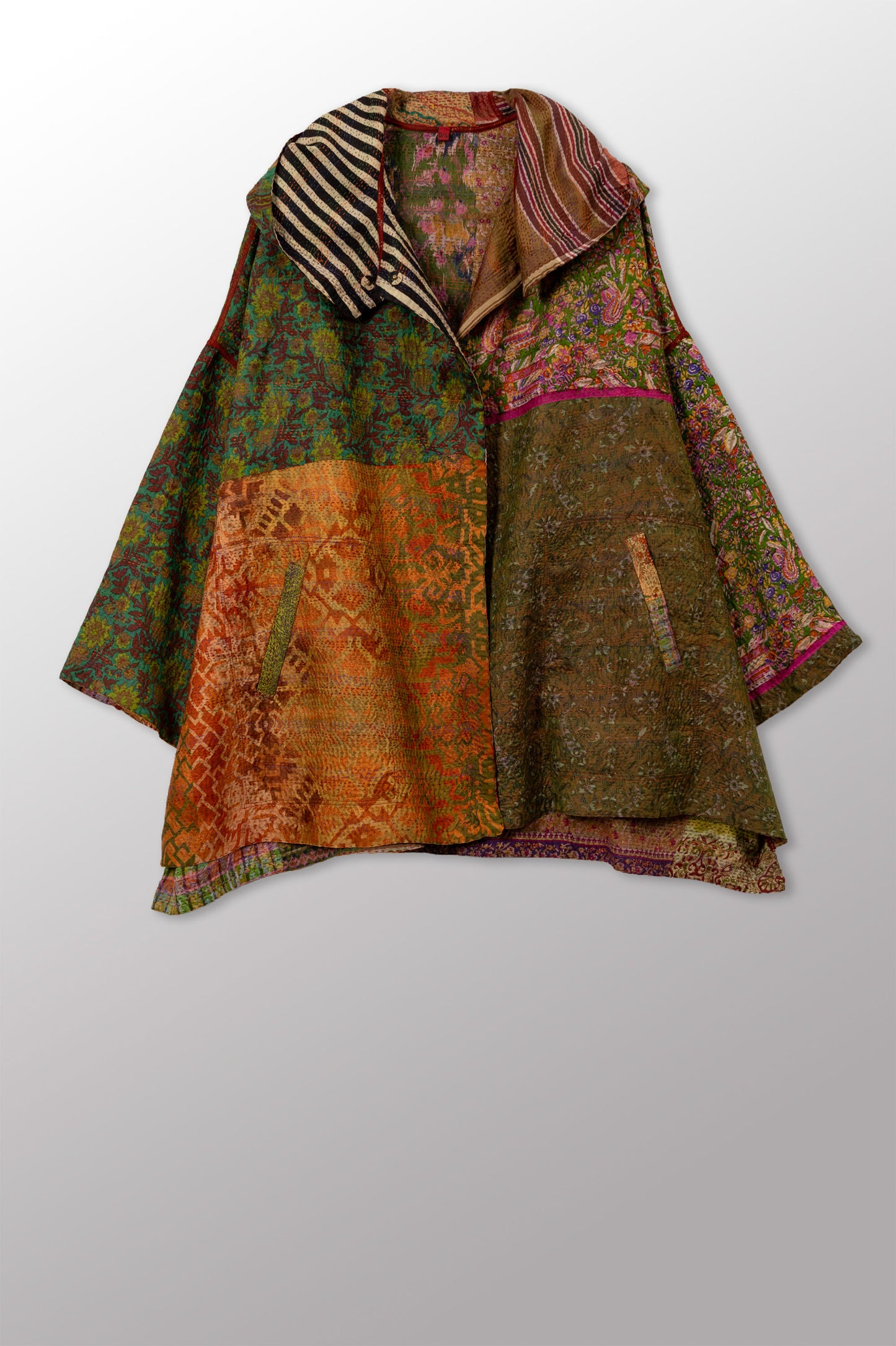 VINTAGE SILK KANTHA HOODIE PONCHO - sv2064-0004a -