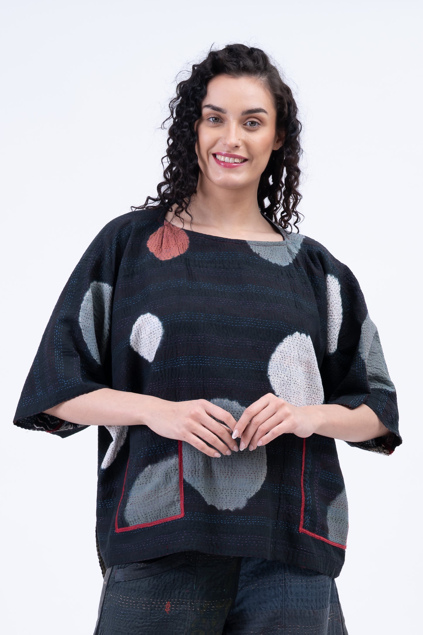 PATCH & CIRCLE PRINT KANTHA BOAT NECK DOLMAN TOP - pc2t100-blk -