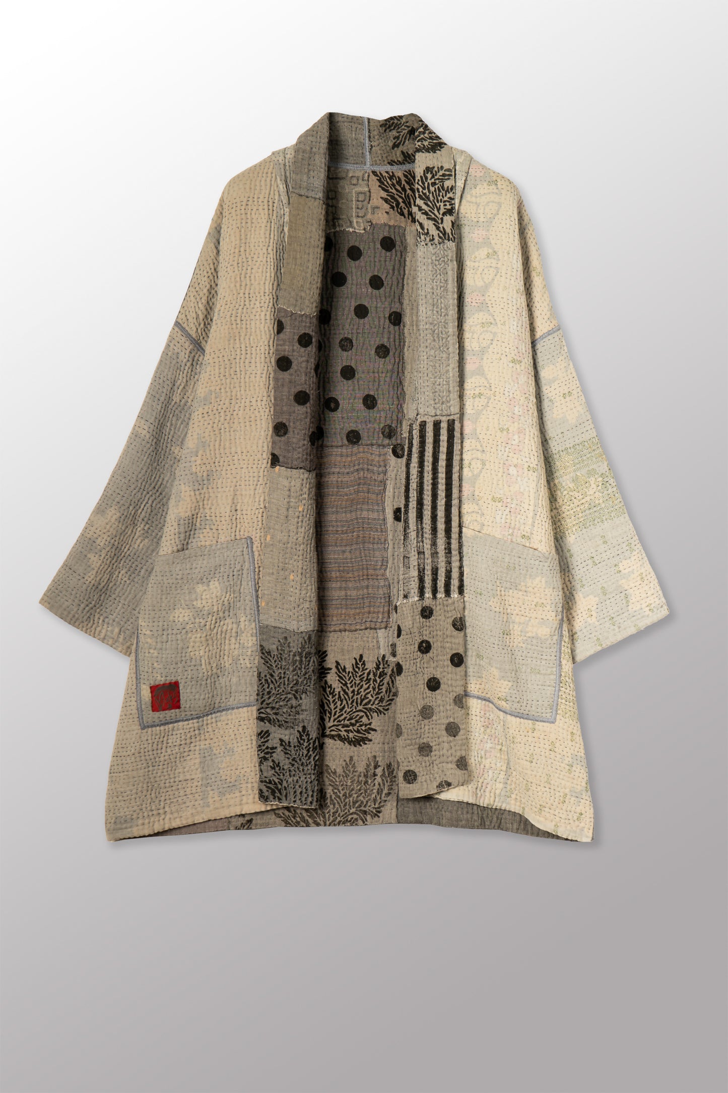 FRAYED PATCH KANTHA WITH STAMP HAORI JACKET - sp-fi4068-gry -