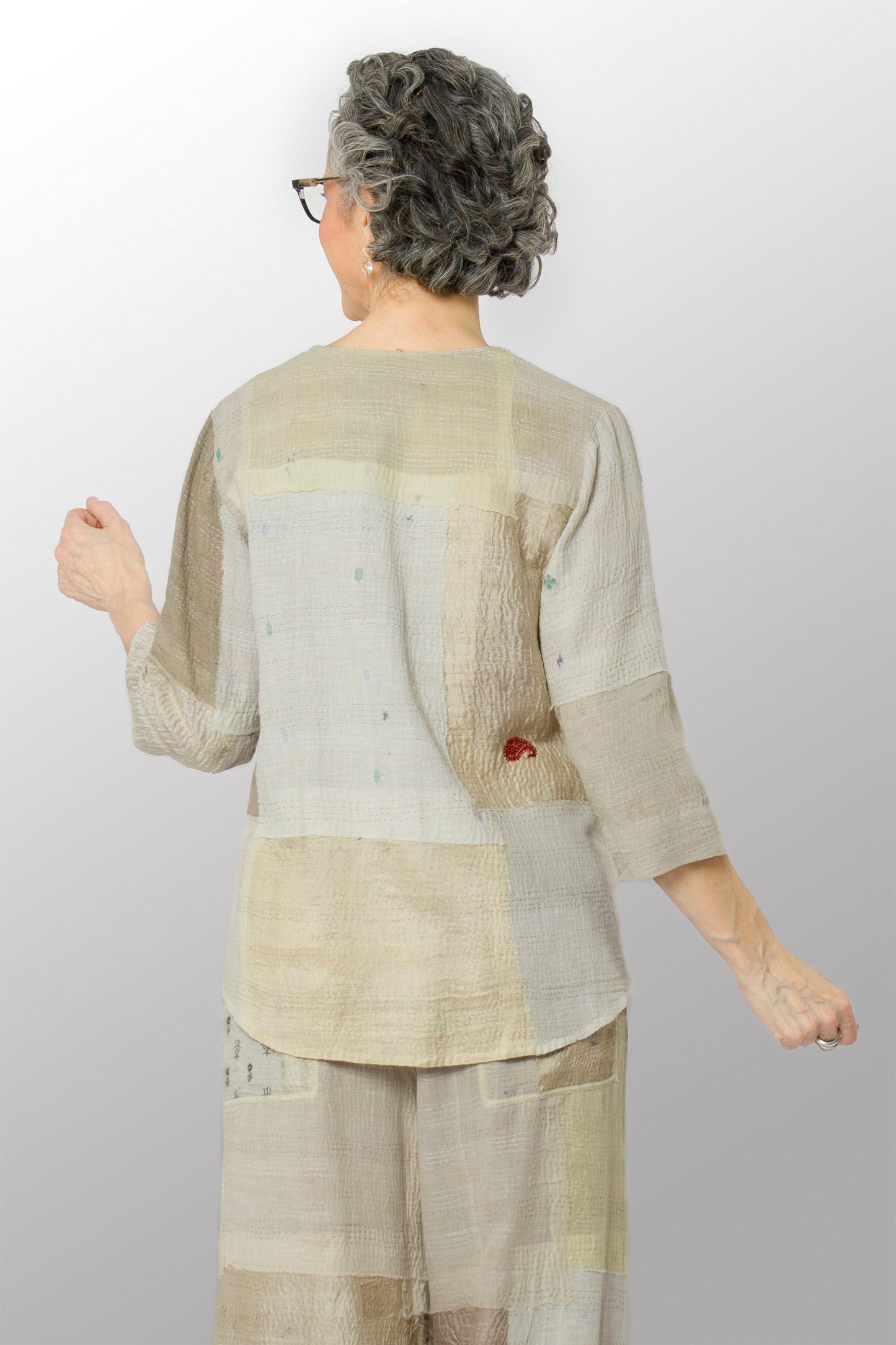 MOSAIC FRAY PATCH KANTHA KURTA TOP - zb2586-ivy -