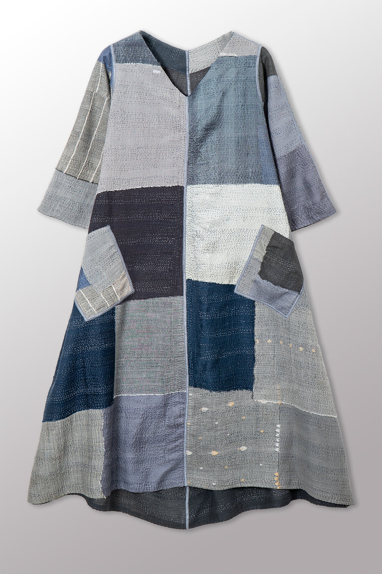 MOSAIC FRAY PATCH KANTHA V-NECK FLARE DRESS - zb2457-gry -