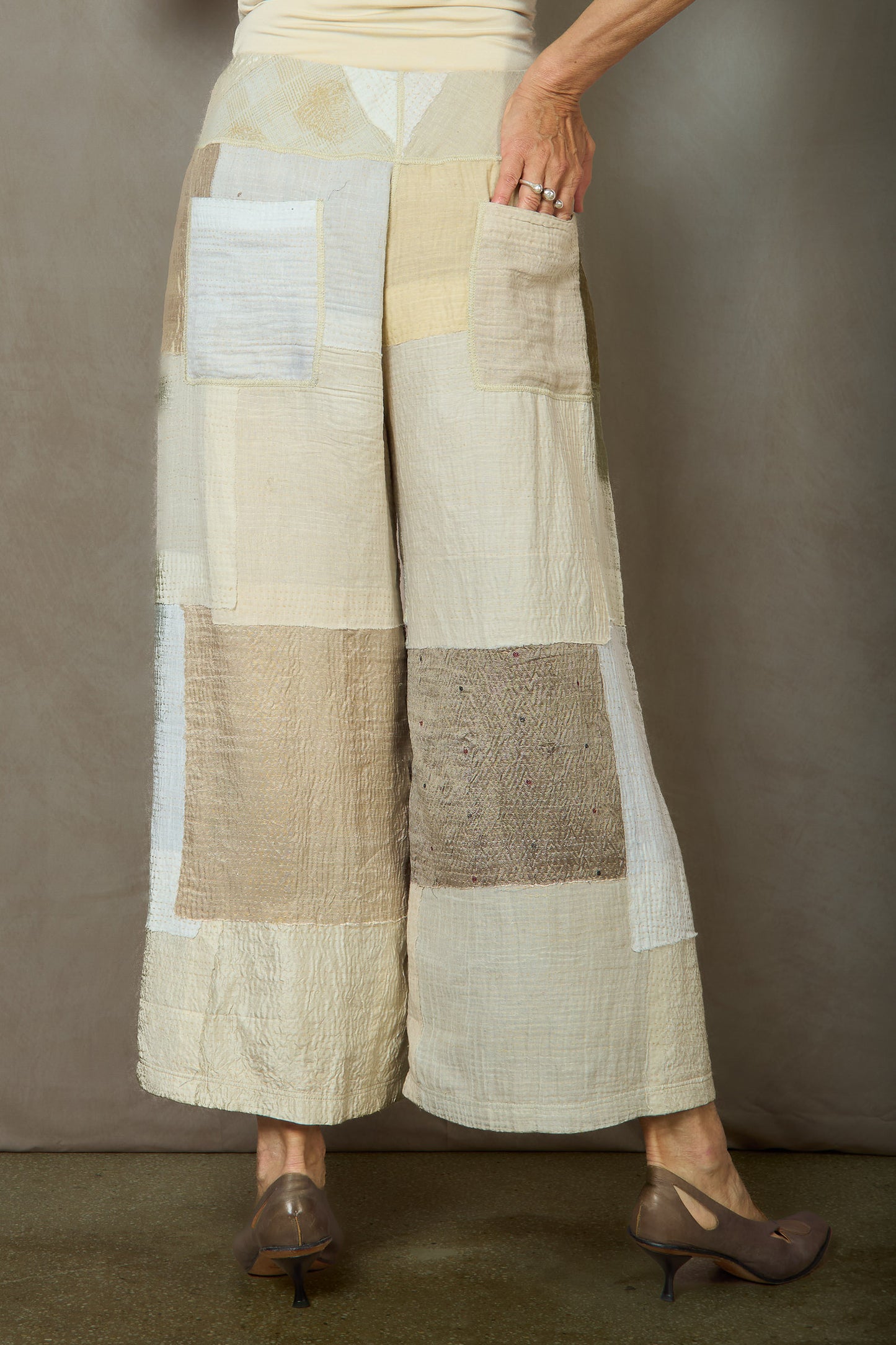 MOSAIC FRAY PATCH KANTHA MID RISE WIDE LEG PANTS - zb2665-ivy -