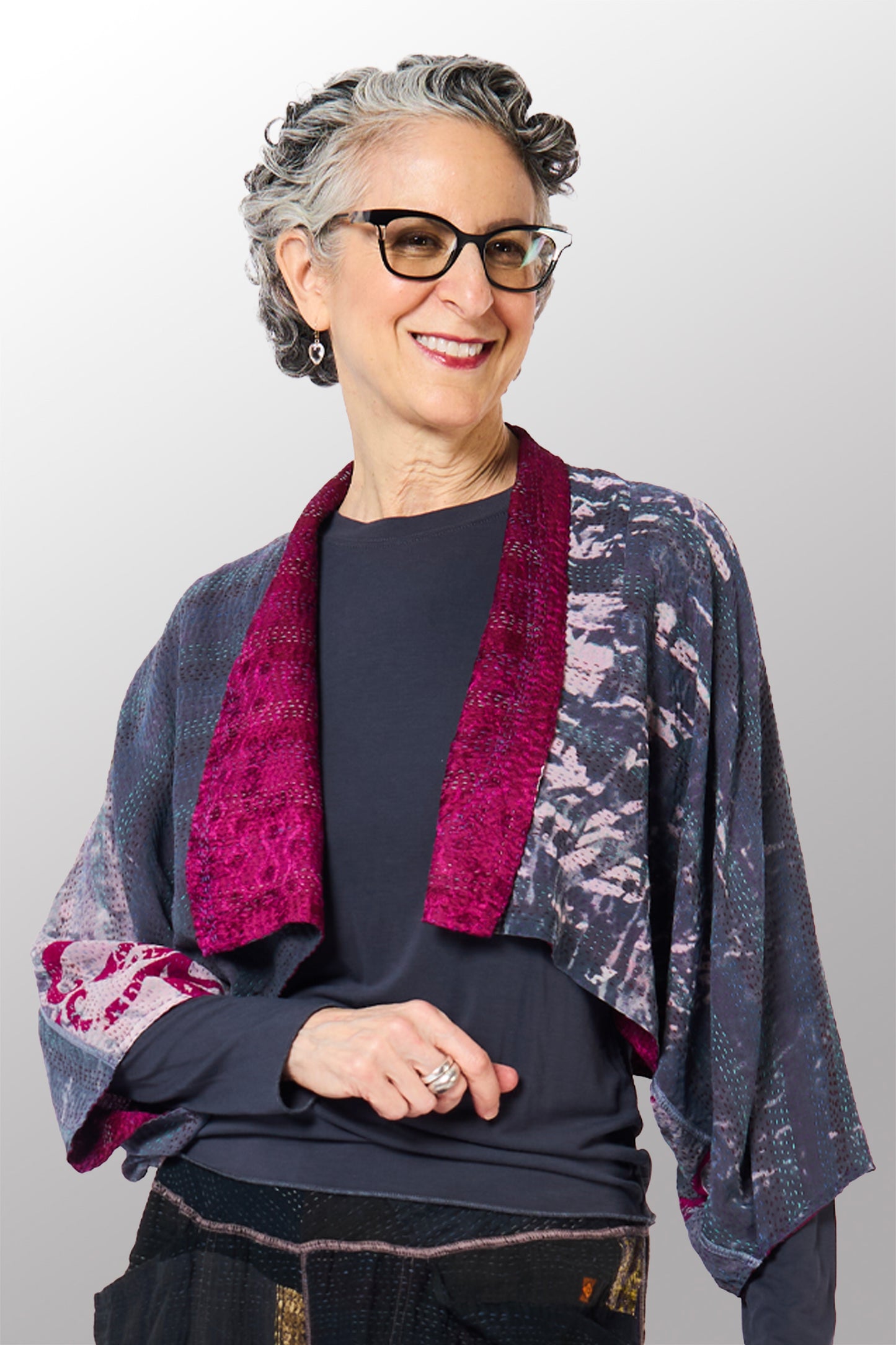 GEORGETTE JACQUARD VINTAGE SILK PATCH KANTHA PUFF SLV. SHRUG - gj2062-0003a -
