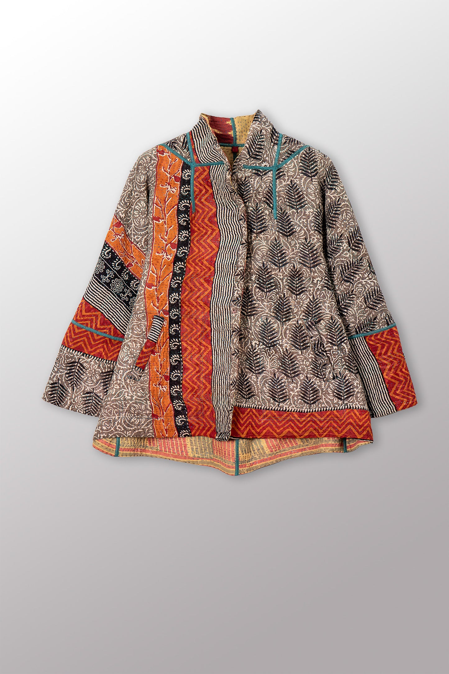VINTAGE SILK GEORGETTE COTTON KANTHA FLARE SHORT JACKET - gc4011-0001s -